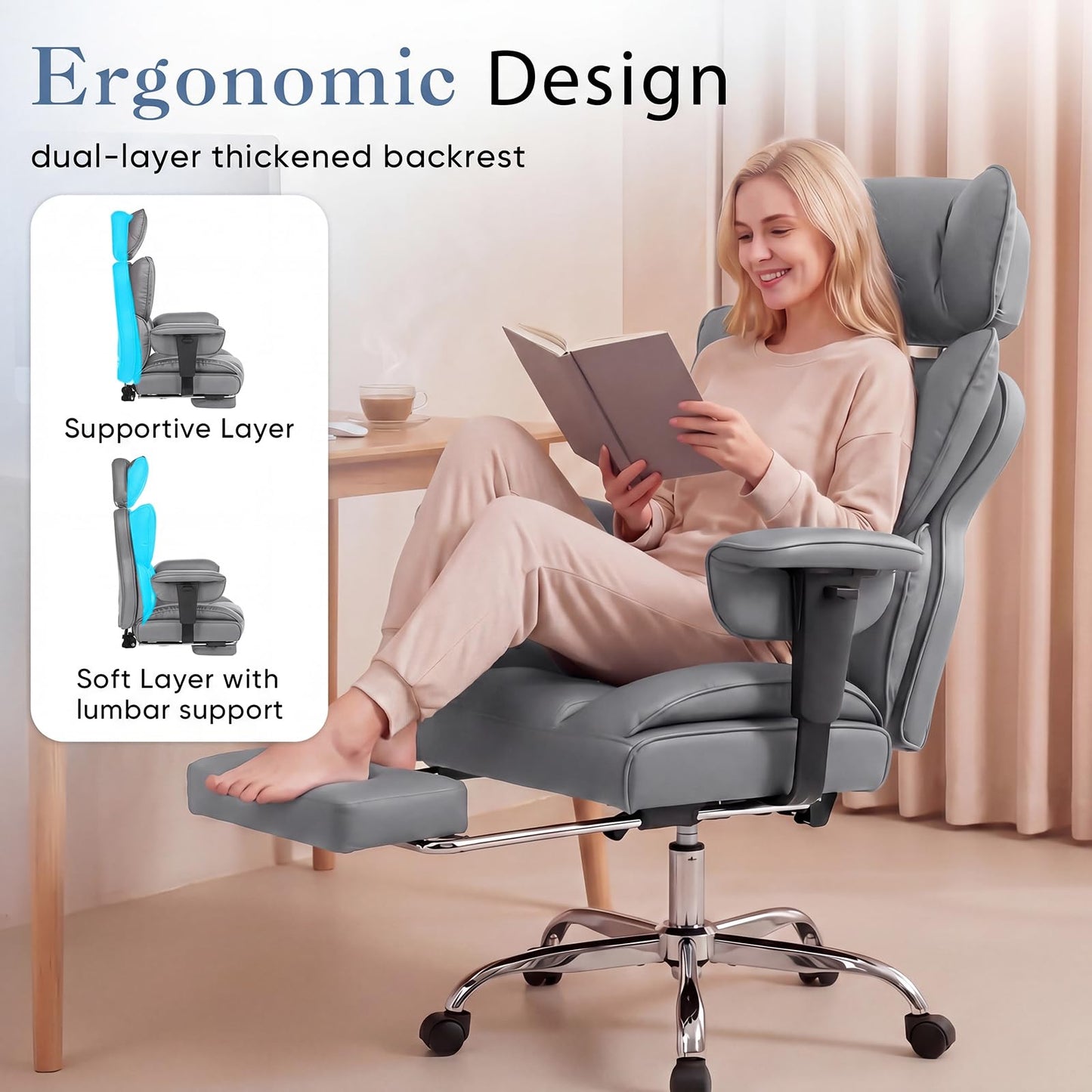 DUMOS Big and Tall Home Office Desk Chair, Gaming Computer Chair, Executive Ergonomic Chair with Footrest, High Back Reclining, Adjustable Armrests and Comfy Lumbar Support, PU Leather, Grey