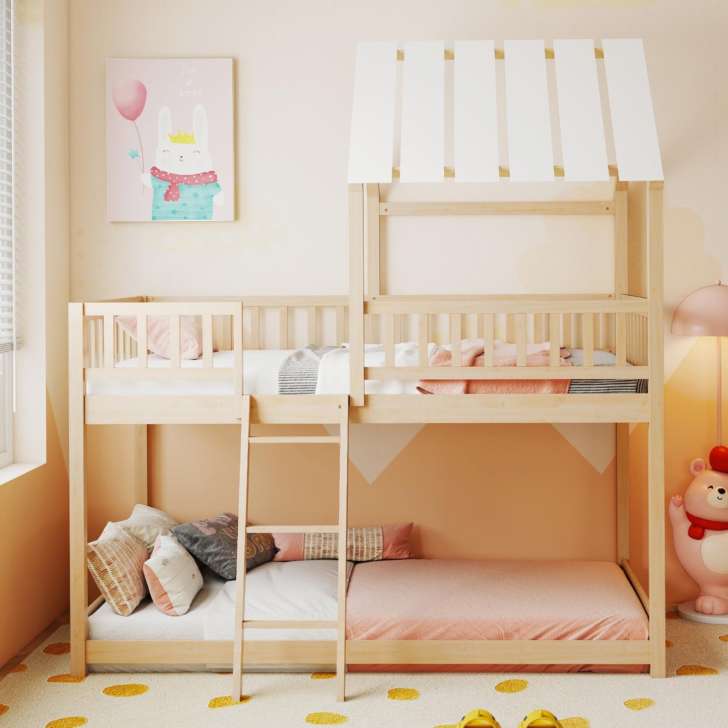 Giantex Twin Over Twin House Bunk Bed, Low Loft Bed Frame with Roof, Wood Bunk Bed with Ladder & Full-Length Guardrails, Twin Floor Bed for Kids Teens Boys Girls, No Box Spring Needed (Natural)