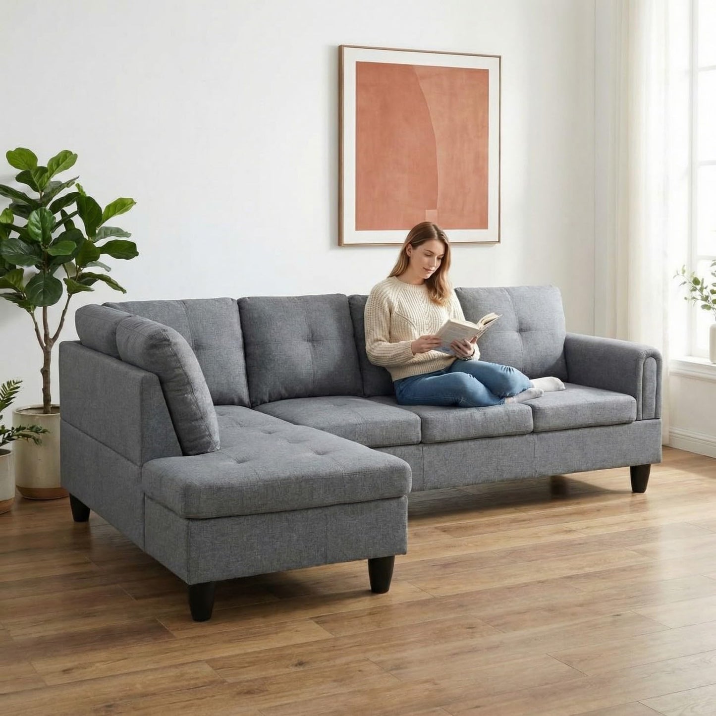 NicBex Comfy Couches for Living Room, 2-Piece 97" L-Shaped Sectional Couch with Movable Chaise, Modern Sofa Living Room Set for Apartment, Office & Bedroom, Ash Grey