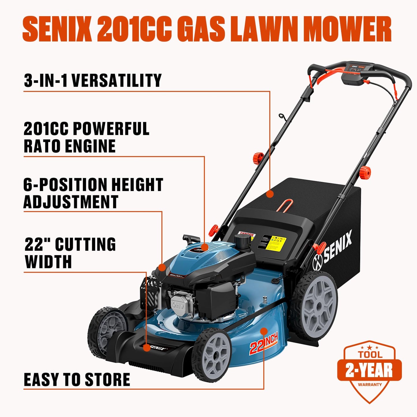 SENIX 22 Inch Gas Lawn Mower, 201cc 4-Cycle OHV Engine, Variable Speed Rear Wheel Self-Propelled Mower, 3-in-1 Mower with Bagging, Mulching & Side Discharge, 6-Positions Adjustable Cutting Height