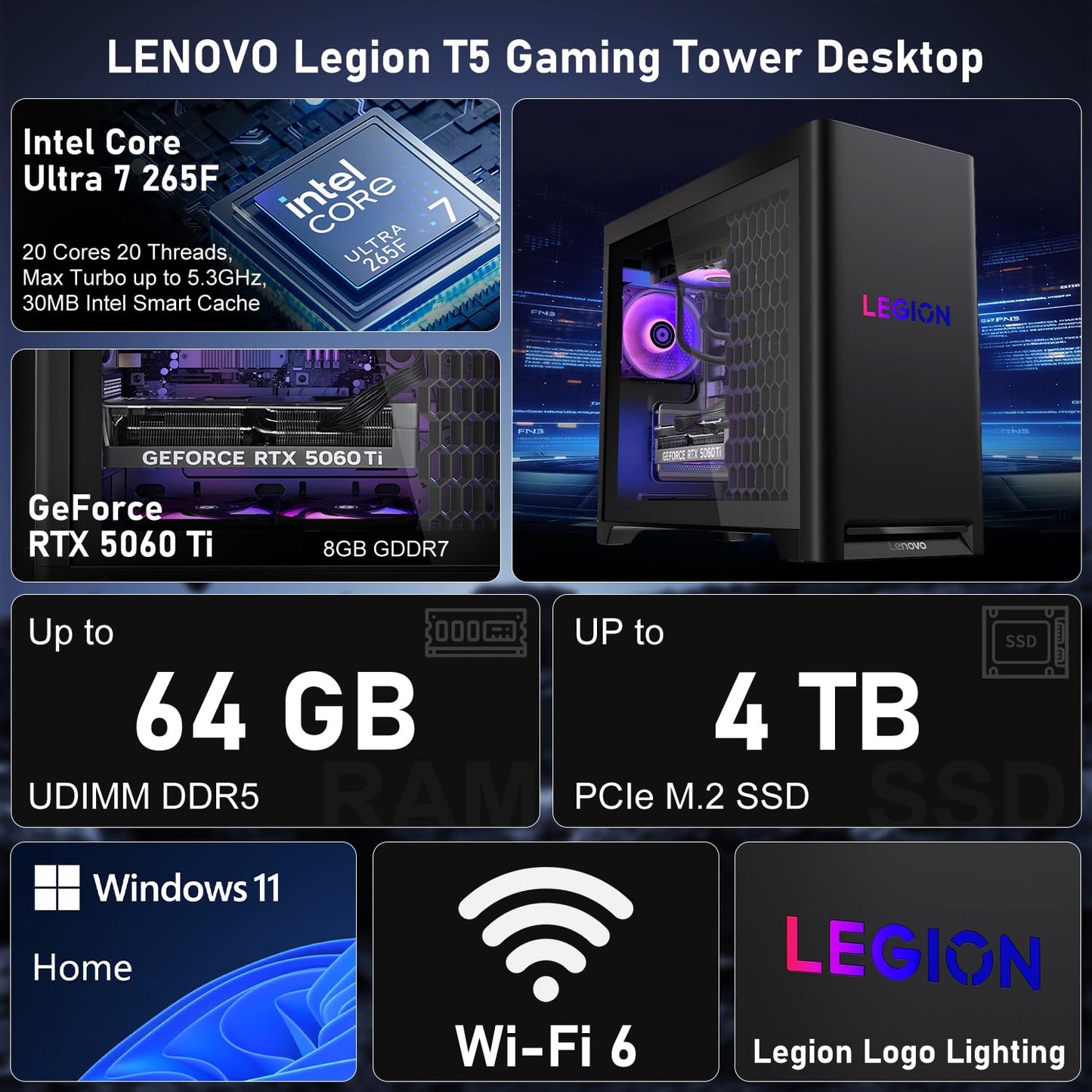 Lenovo Legion T5 5060Ti Gaming Tower Desktop, Intel Core Ultra 7 265F, GeForce RTX 5060Ti, 16GB DDR5, 1TB SSD, Support 3-Monitor 4K, DP, RGB Lighting, HDMI, Keyboard& Mouse, Windows 11 Home, Black
