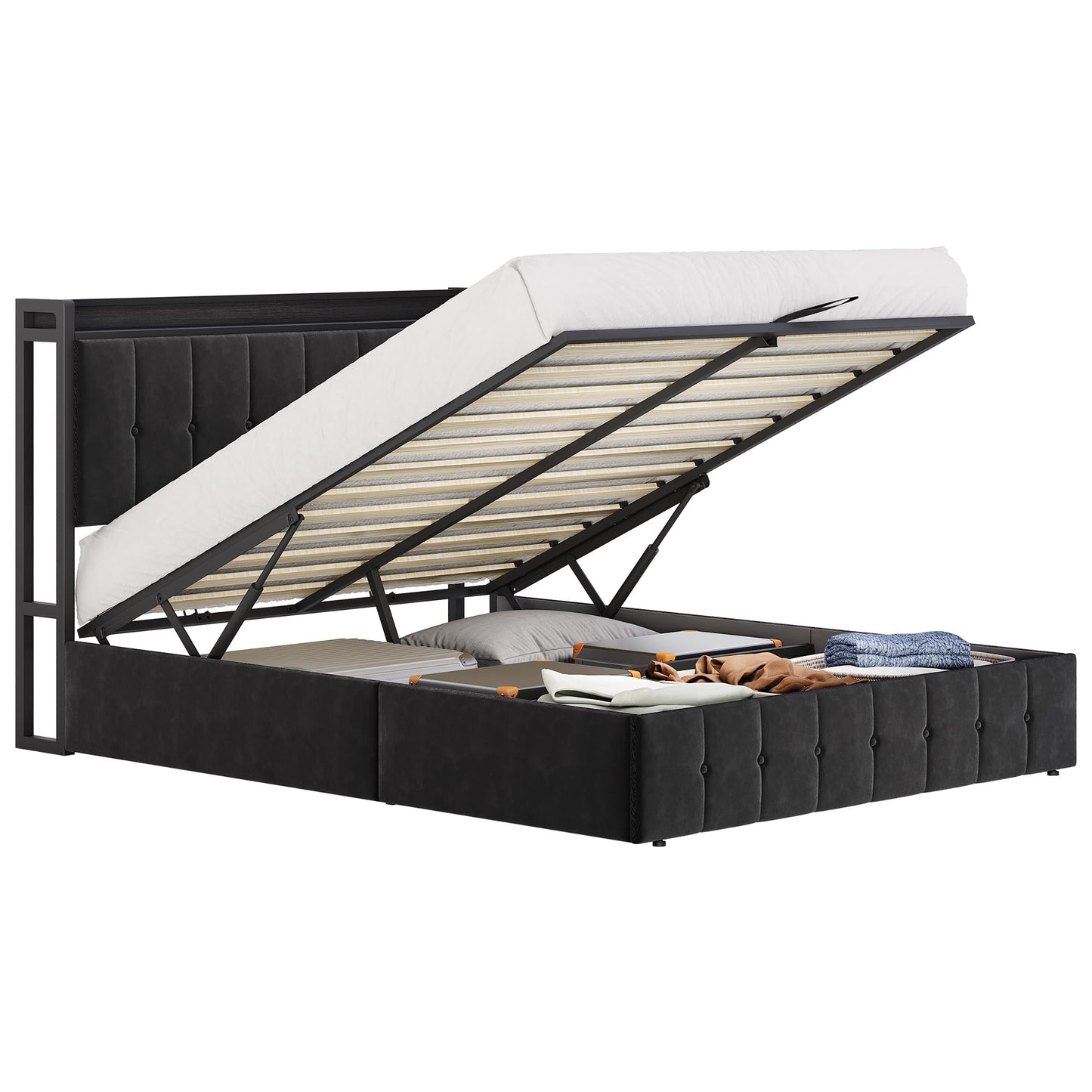 GAOMON Full Size Lift Up Storage Bed Frame with Headboard, Upholstered Platform Bed with Hydraulic Storage, Button Tufted Velvet Bed Frame with Under Bed Storage, No Box Spring Needed, Black