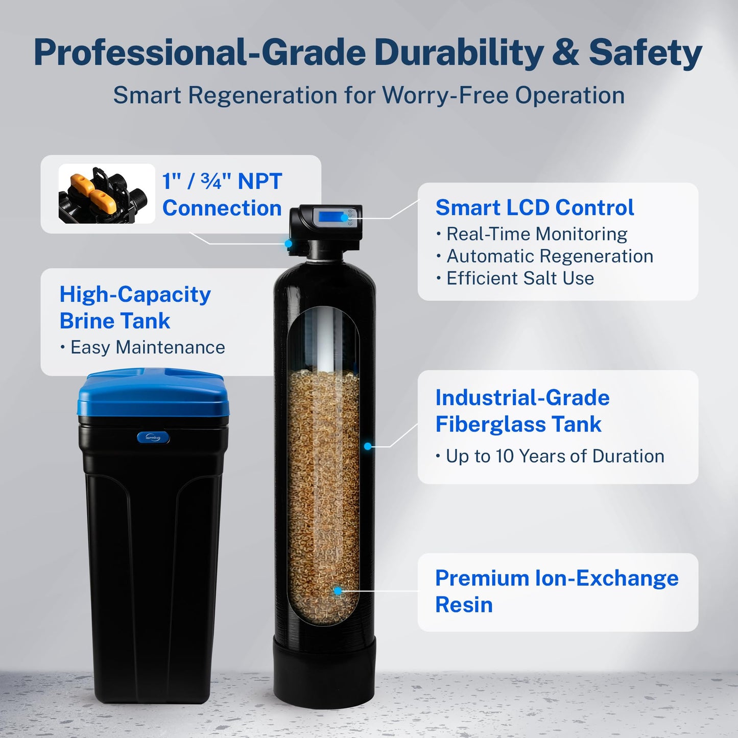 iSpring WCSTB45KG Whole House Water Softener System, 45,000 Grains High Capacity Water Softener Removes Hard Water and Scale, Automatic Backwash and Regeneration, for Whole House & Commercial Use