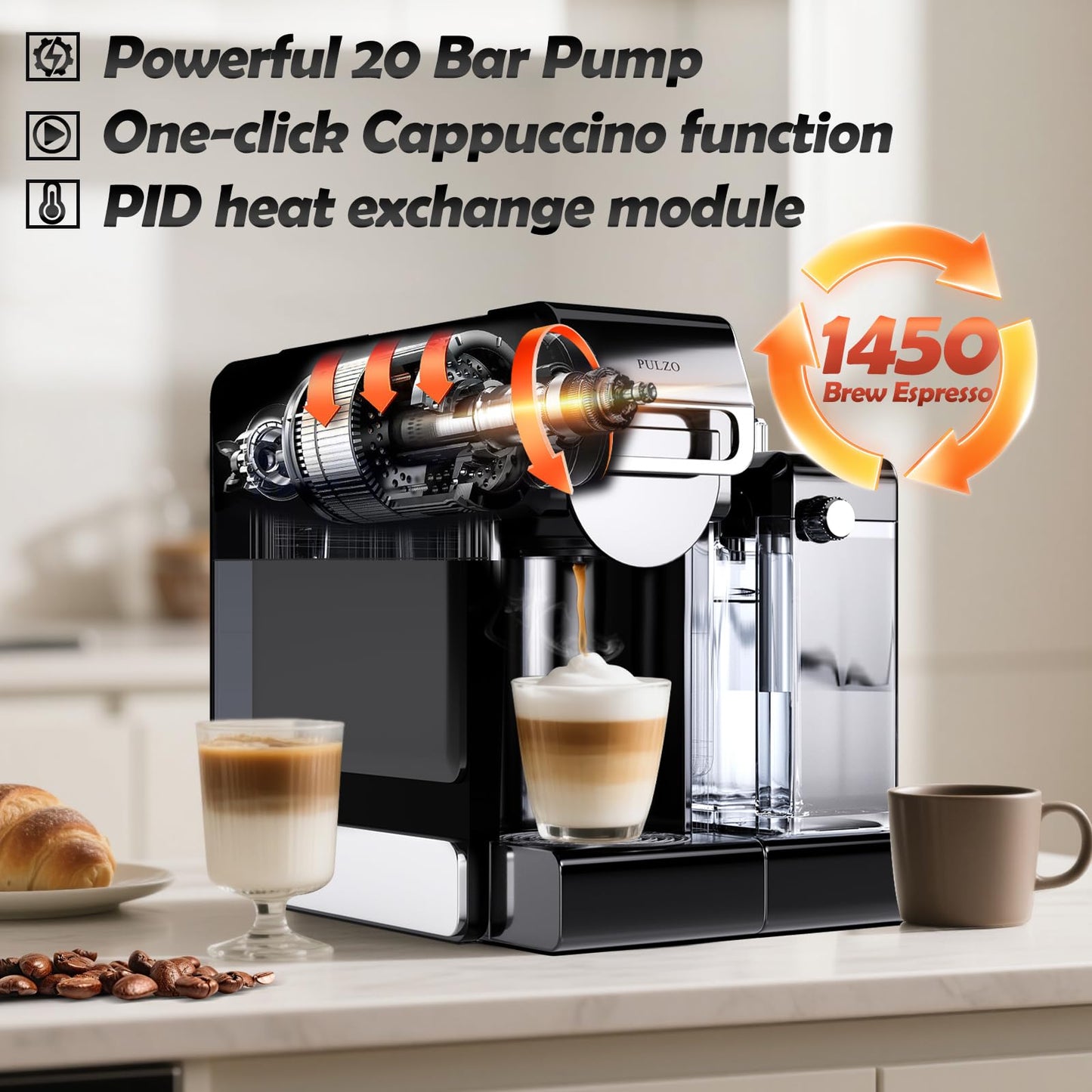PULZO Espresso Machine with Integrated Automatic Milk Frother, capsule coffee maker for K*cup capsule/Ne*s Original/coffee powder, One Touch Latte & Cappuccino