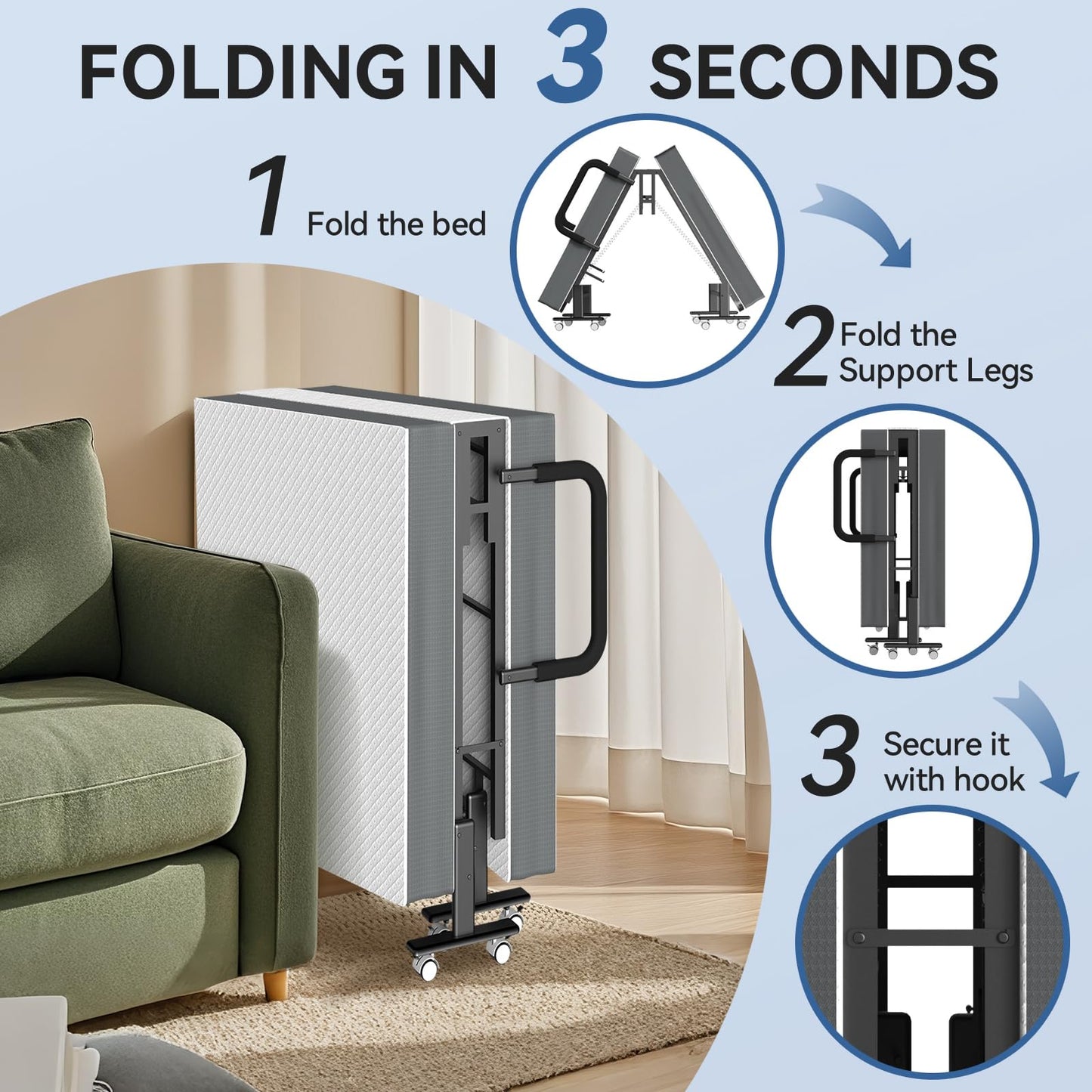 OSTYRA Folding Guest Bed with Mattress and 6 Position Adjustable Backrest for Adults, Metal Folding Trundle Bed, Office Nap, Lunch Break, Comes with Folding Bed for Convenient Storage