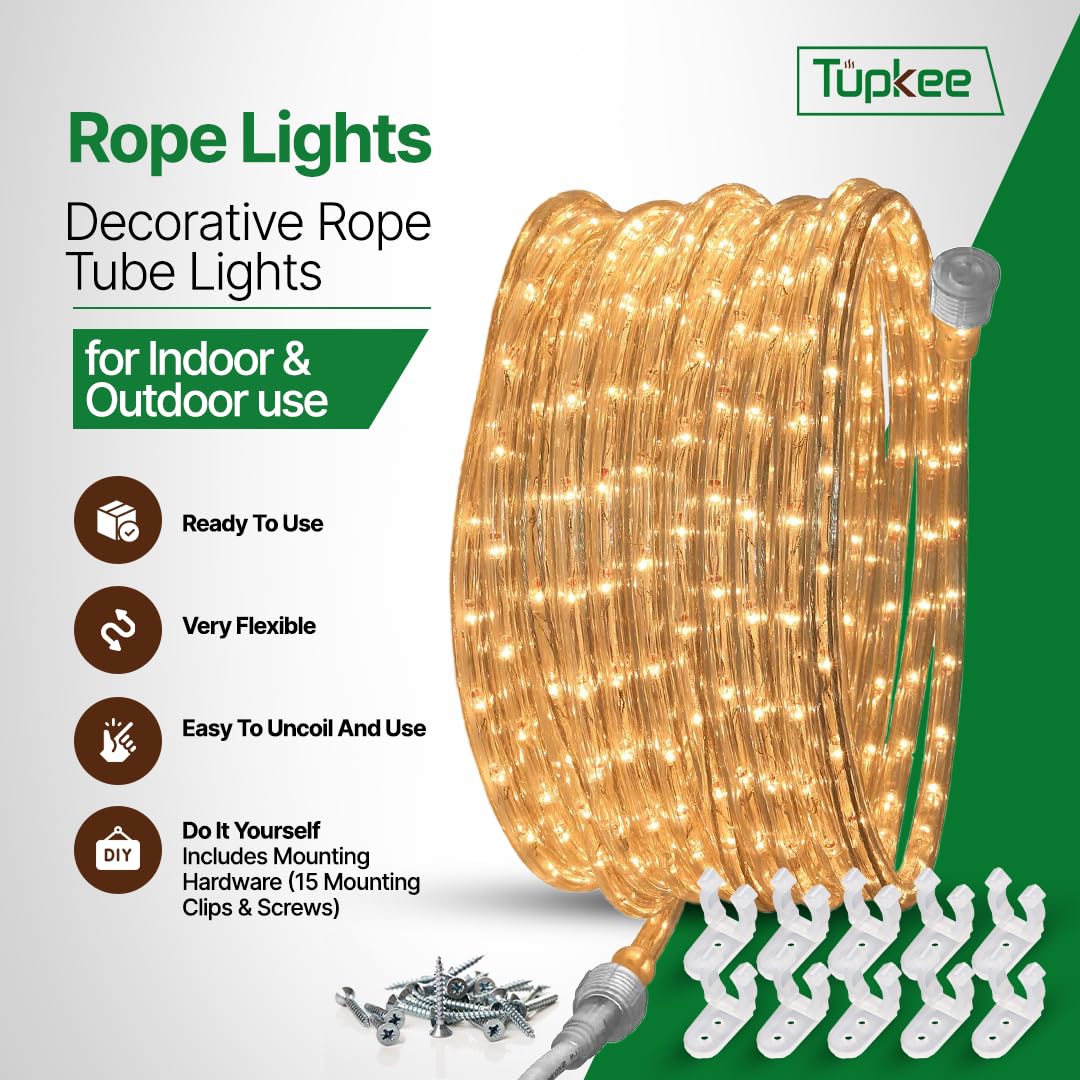 Tupkee Rope Light - 24 Feet, Warm Clear, 10MM Diameter, 288 Incandescent Bulbs, Indoor/Outdoor, Model RL-24-C2, Pack of 2