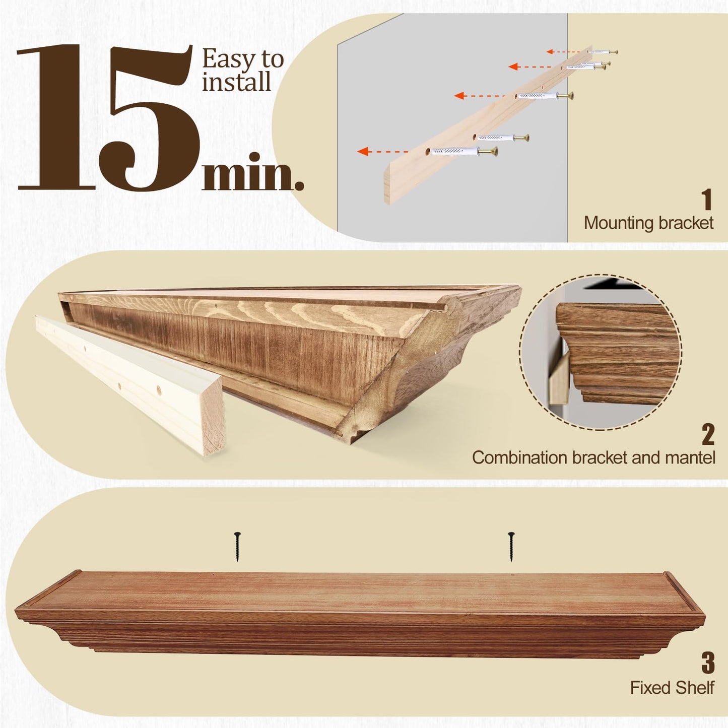 LXWZHK Rustic Fireplace Mantel Shelf, 72" Wooden Floating Shelf for Over Fireplace, Wall Mounted Fire Place Mantel, Farmhouse Hanging Floating Shelves, Oak Color
