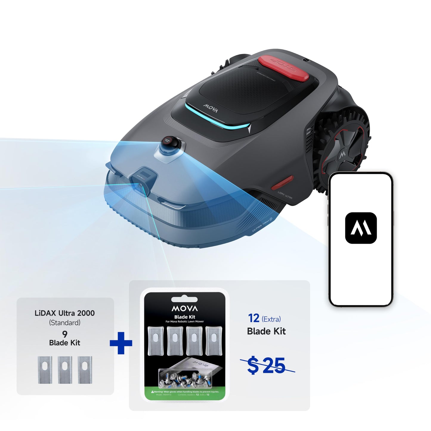 MOVA LiDAX Ultra 2000 with Blade Kit Robot Lawn Mower Wire Free Robot with 4G for 0.5 Acre, RTK Free+360° 3D LiDAR+AI Vision Mapping, Edge Cutting, Cutting Height 1.2"-3.9", 45% Slope, 150Managed Zone