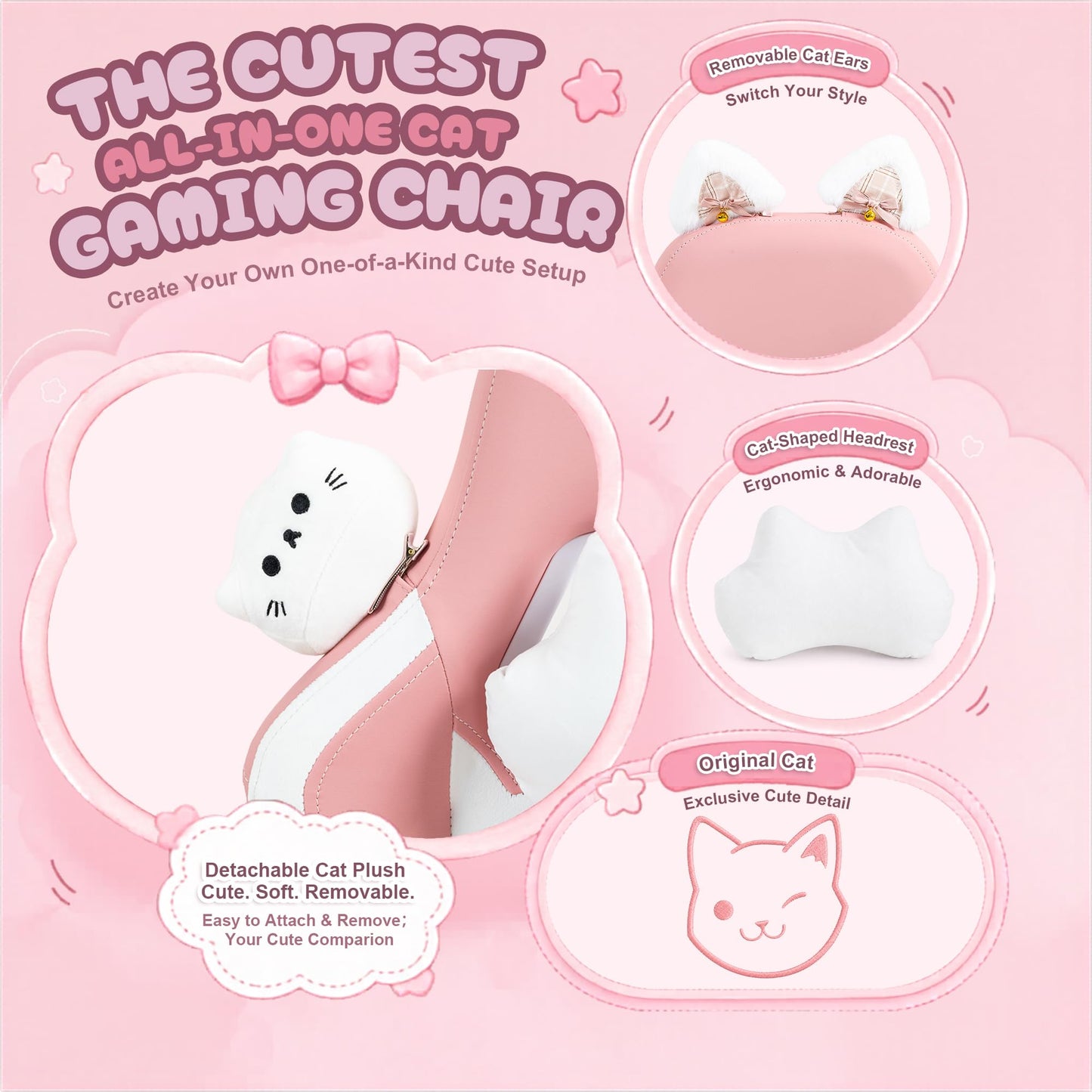 Dowinx Gaming Chair Cute with Cat Ears and Massage Lumbar Support, Ergonomic Computer Chair for Girl with Footrest and Headrest, Comfortable Reclining Game Chair 290lbs for Adult, Teen, Pink