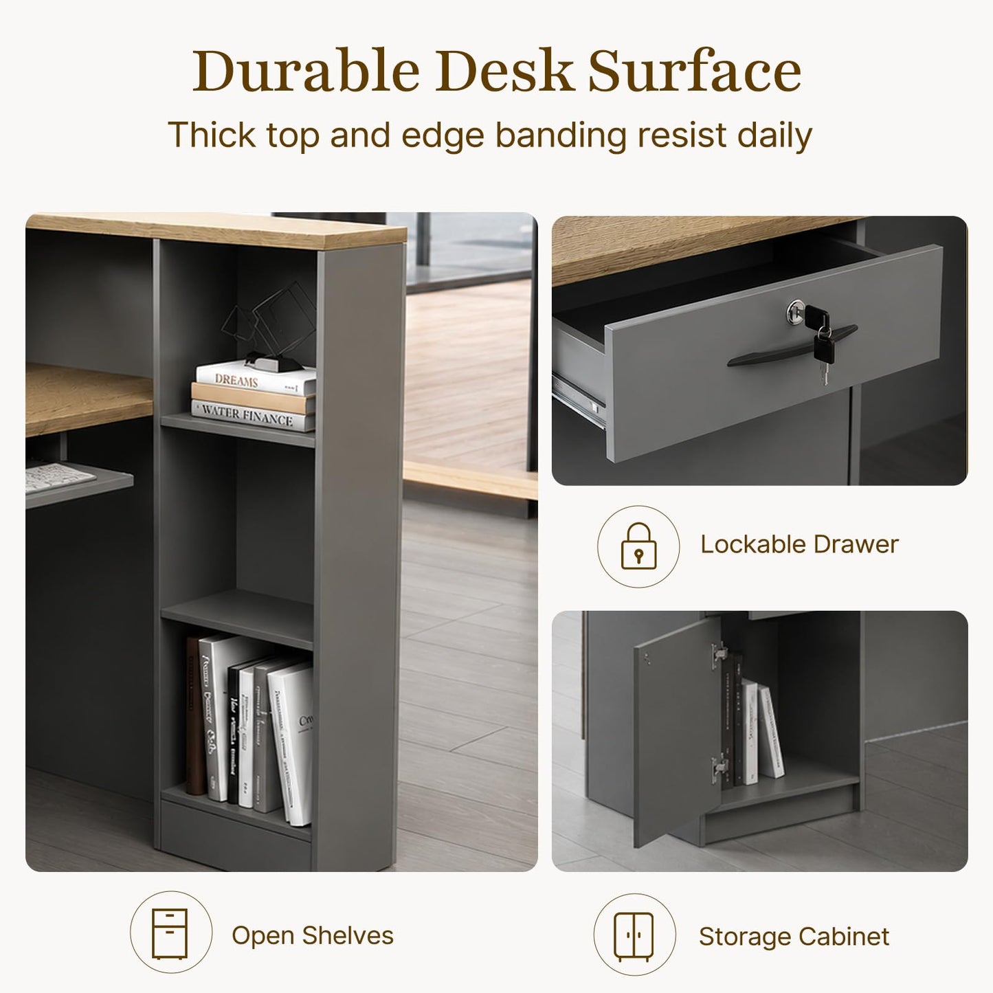 Nuipesn 79" Modern L-Shaped Reception Desk, Front Desk Counter with Drawer, Keyboard Tray and Storage Shelves, Right Layout, Tobacco Wood and Iron Gray