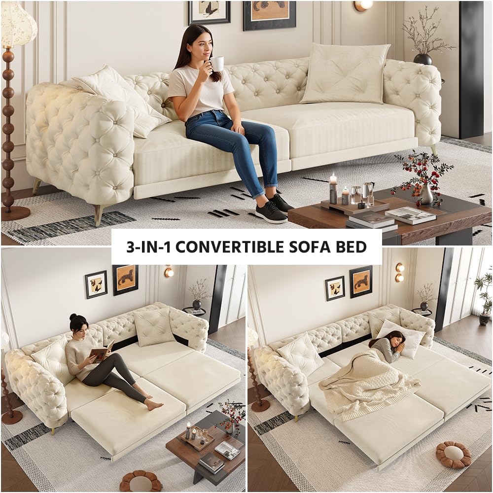 Ball & Cast 3-in-1 Convertible Sleeper Sofa with Movable Ottoman,97.7" Velvet Pull Out Sofa Bed, Modern Button Tufted 4-Seater Sofa Couch with Deep Seat for Living Room, Apartment,Office,Beige