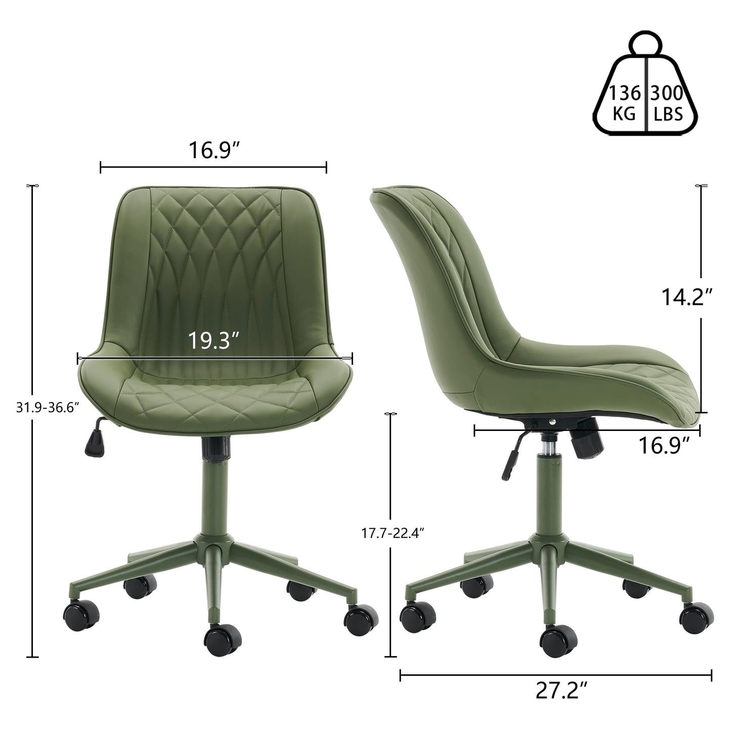 YOUNIKE Olive Green Faux Leather Ergonomic Office Chair Armless Comfy Desk Chair with Rocking Back Cute Swivel Vanity Chair with Wheels Height Adjustable Small Computer Task Chair for Sewing Drafting