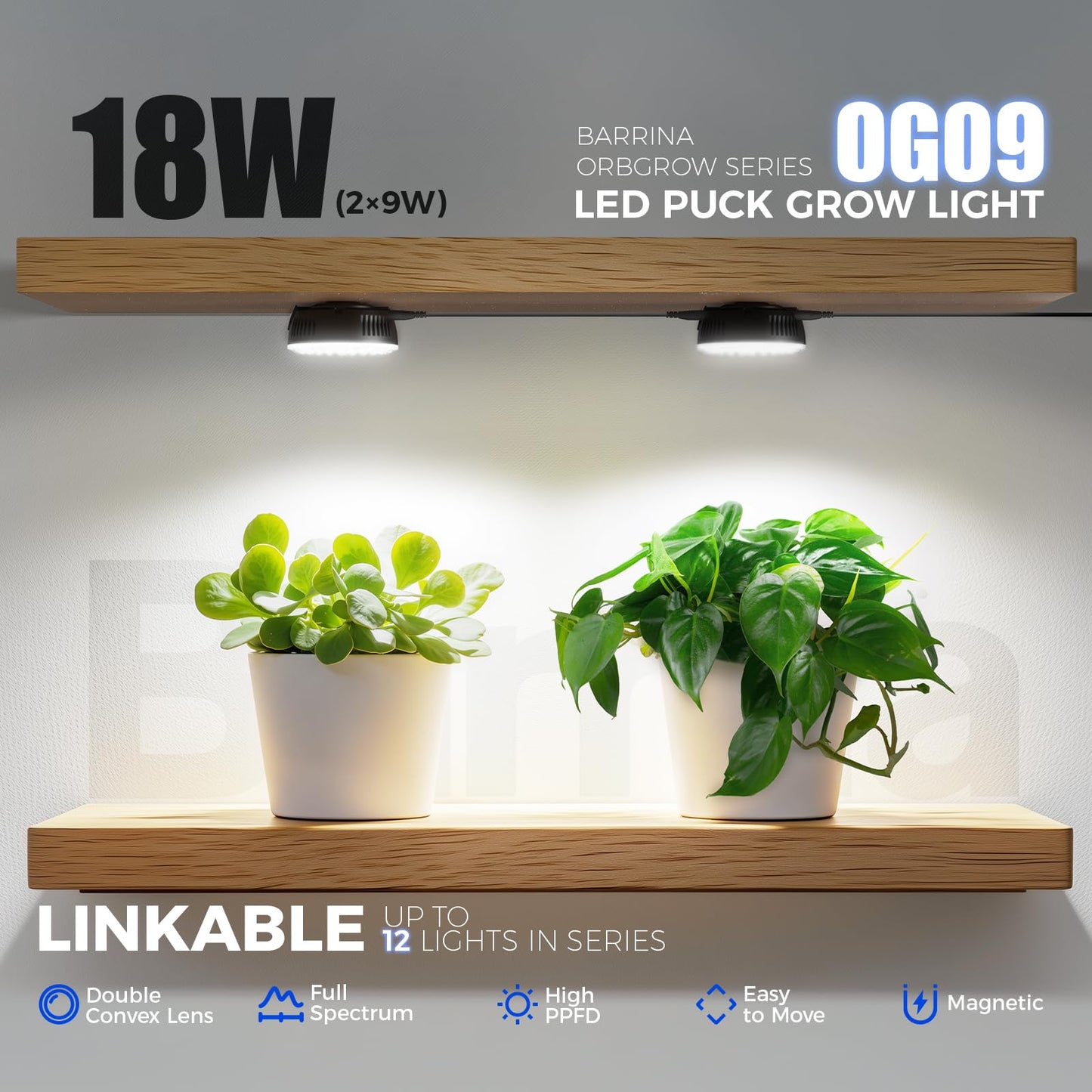 Barrina Puck Grow Light, Full Spectrum 18W (2 x 9W), 5000K, 2 Packs with Timer, Dimmable, Model OG09-B2T,