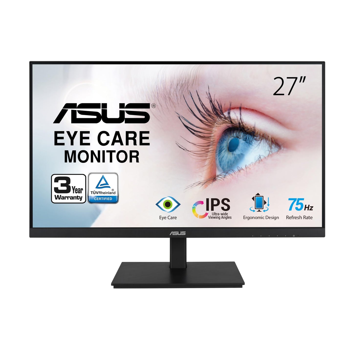 ASUS VA27DQSB 27” Monitor, 1080P Full HD, 75Hz, IPS, Adaptive-Sync, Eye Care, HDMI DisplayPort VGA USB Hub, Frameless, Ergonomic Design, VESA Wall Mountable,Black