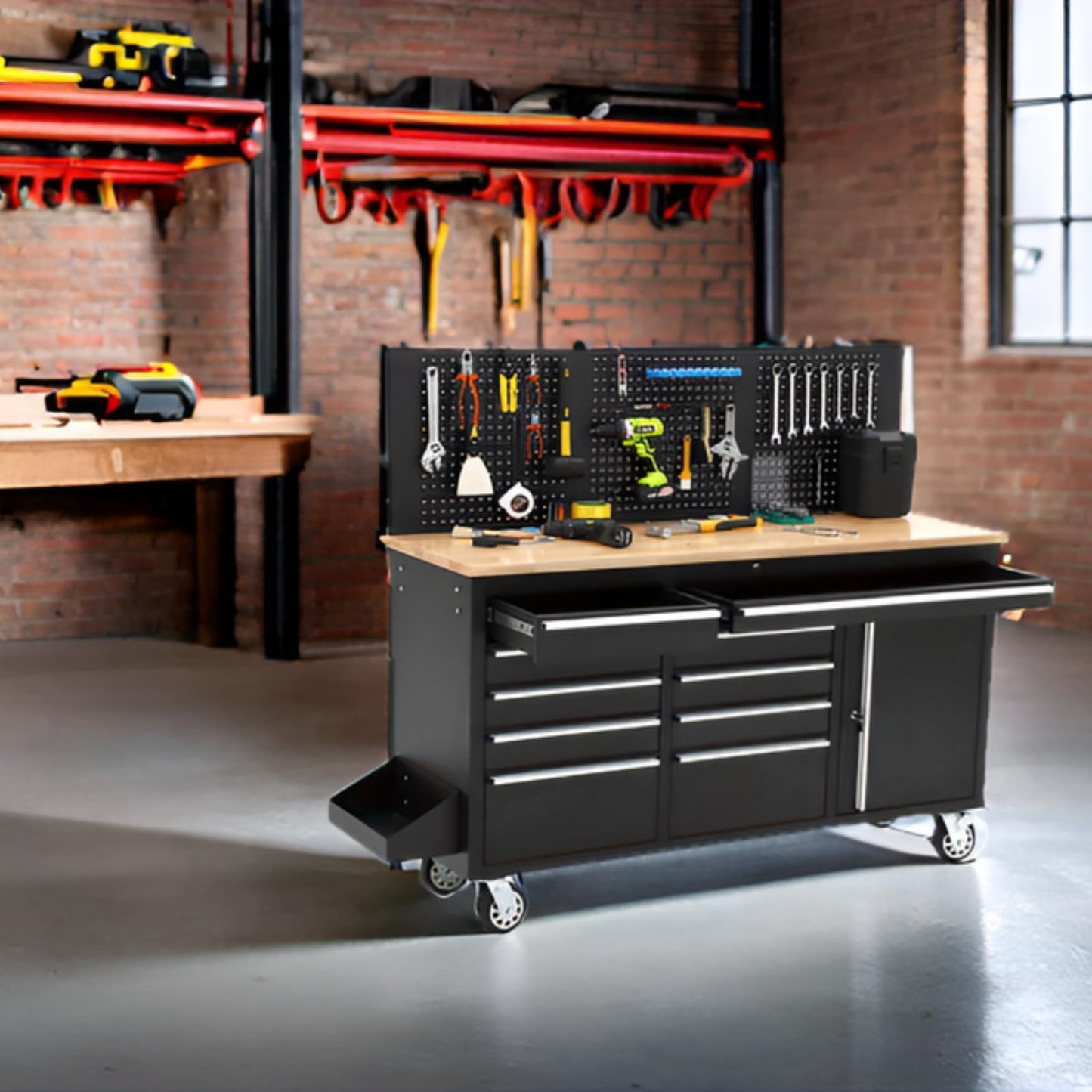61-Inch Rolling Tool Chest with 10 Drawers & Power Strip, Solid Rubber Wood Top, 1675 LBS Load Heavy Duty Mobile Workstation, Locking System and Drawer Liners for Garage Warehouse Shop, Black