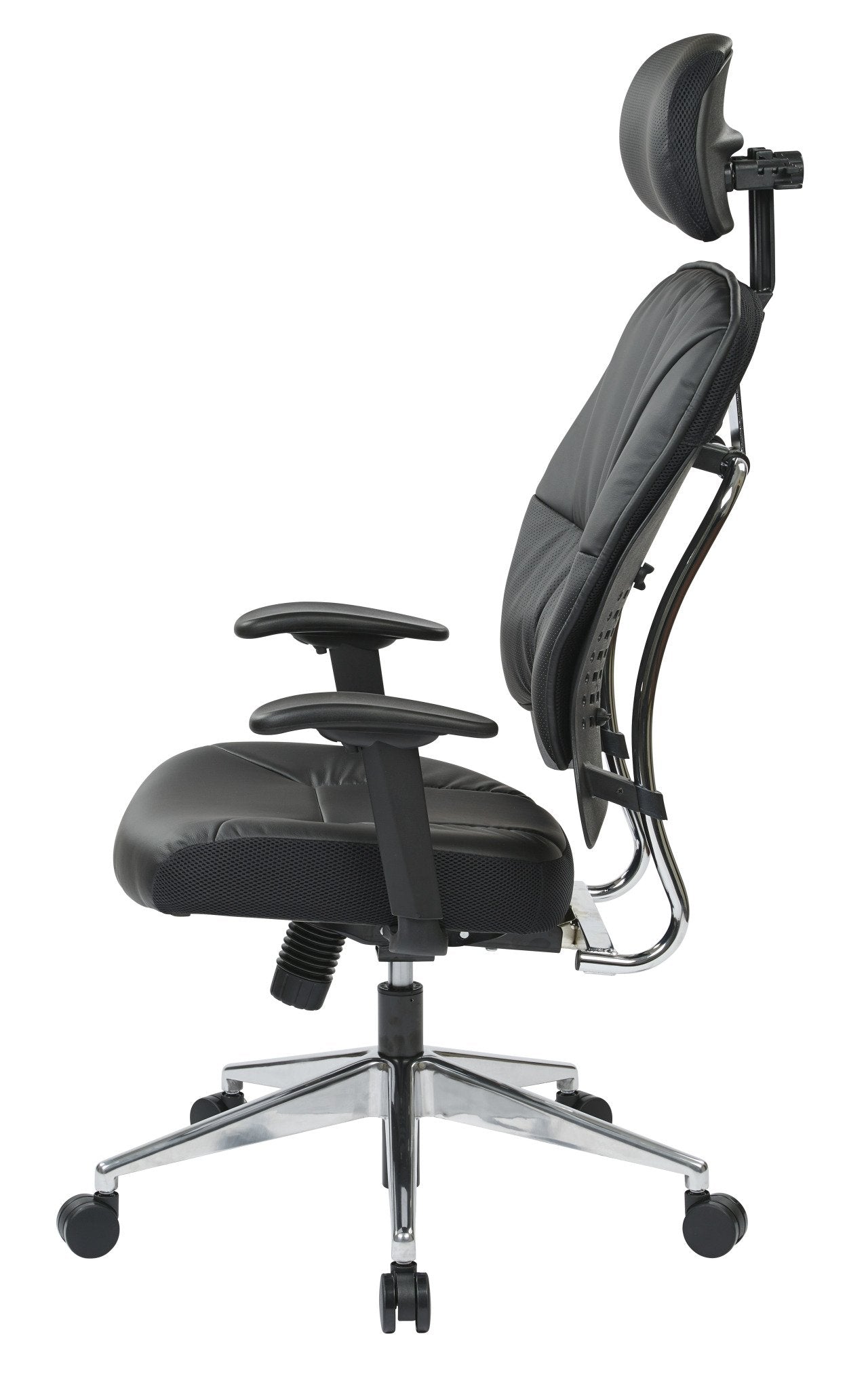 Space Seating Eco Leather Seat and Back, Adjustable Arms and Polished Aluminum Finish Base Executives Chair with Adjustable Headrest, Black