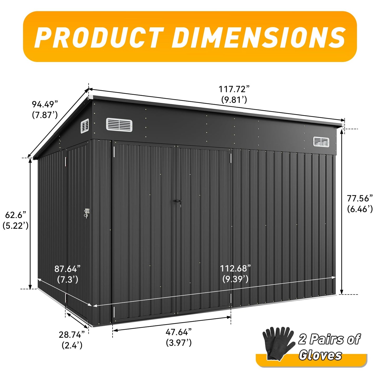 Breezestival Storage Shed 8'x10' Metal Outdoor Sheds with Triple Doors Utility Sheds for Vertical Storage, Dual Lock Lean to Shed Galvanized Steel with Sloped Roof for Mower,Bike,Garden Tools (Black)
