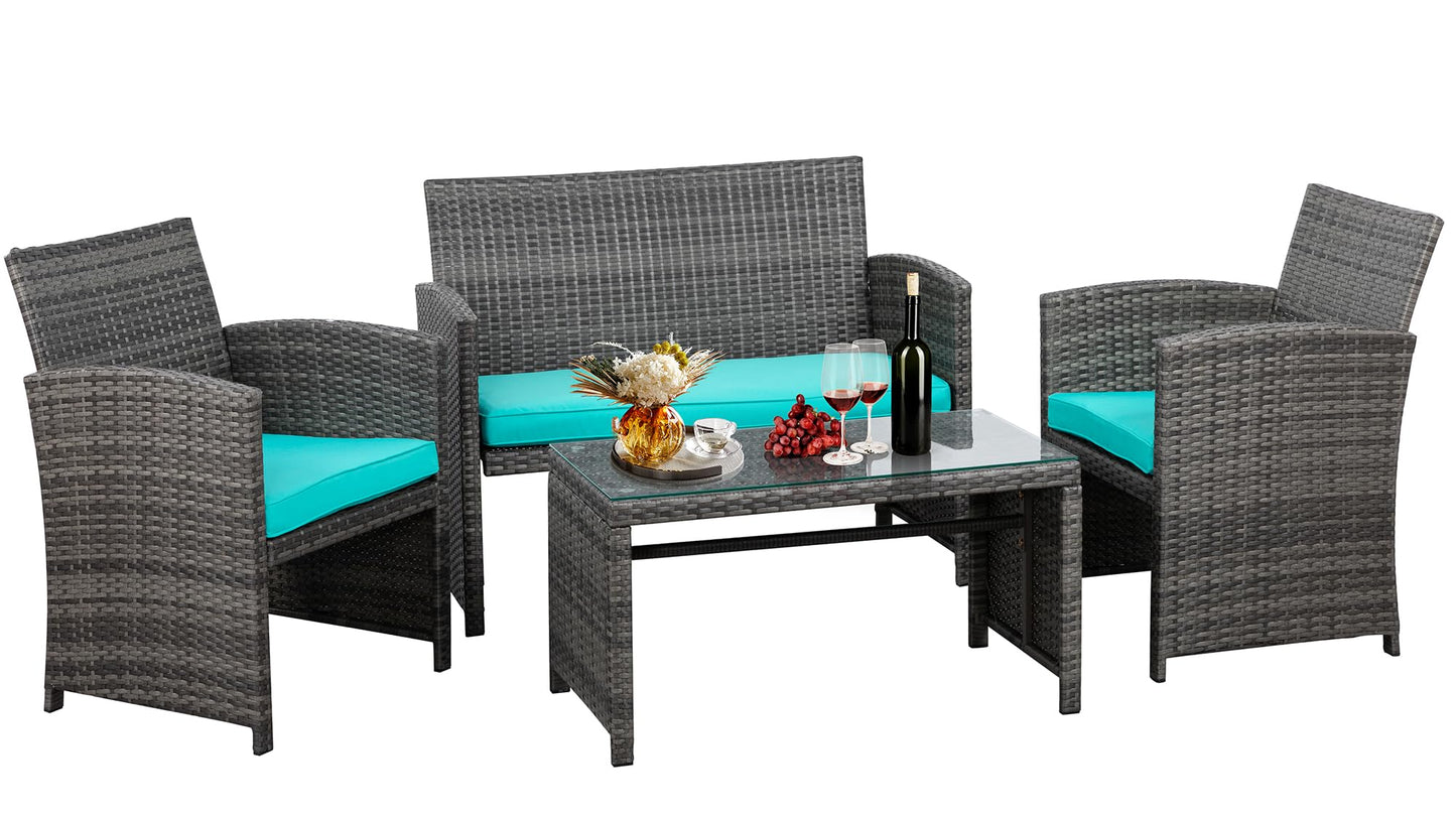 JAMFLY 4 Piece Outdoor Patio Furniture Set, Outdoor Wicker Rattan Chairs Conversation Sets with Cushions & Coffee Table for Outside, Garden, Balcony, Porch, Blue