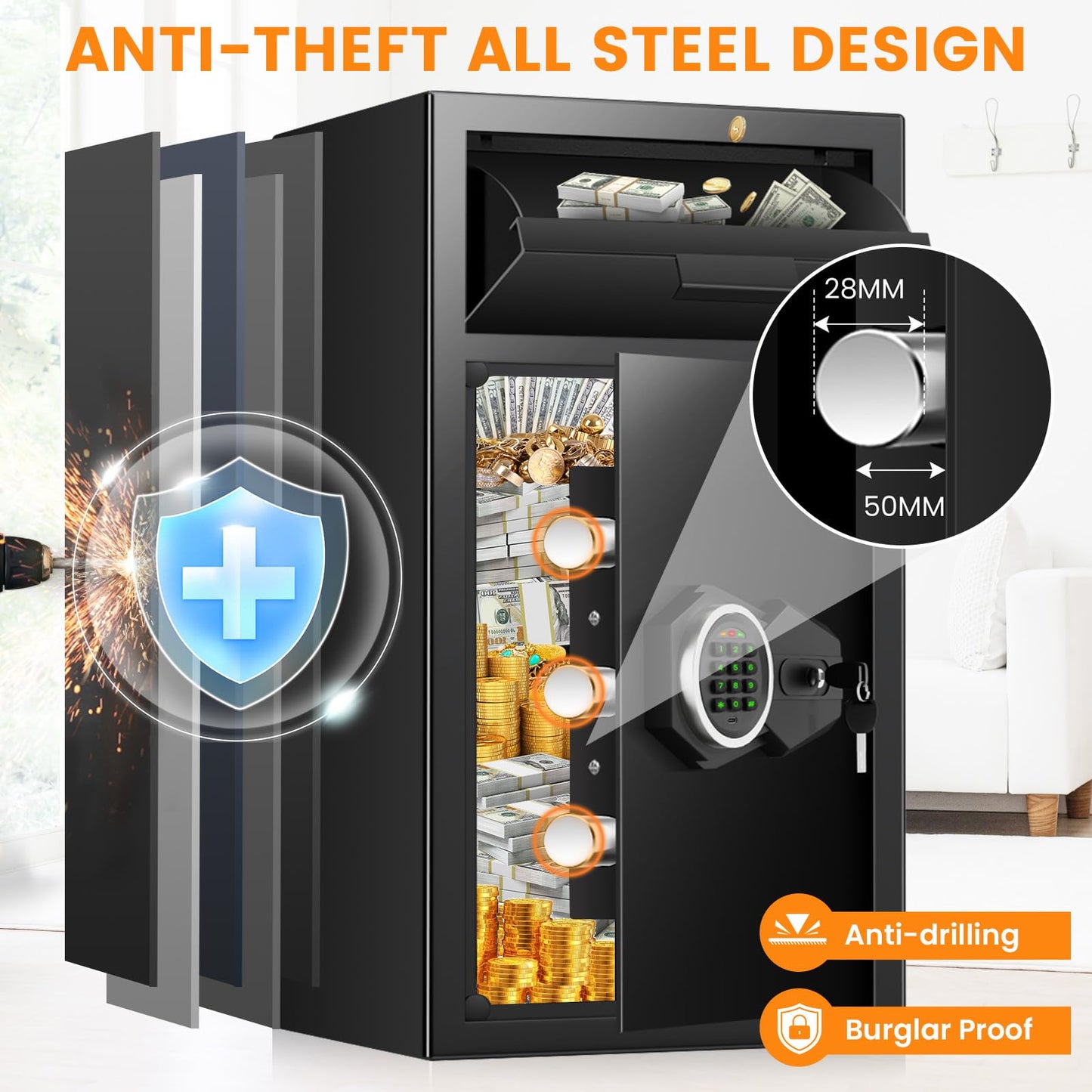 5.8 Cuft Commercial Depository Drop Safe for Business, Anti-theft Cash Safe Box with Drop Slot, Digital Combination Lock and Spare Keys, Heavy Duty Cash Drop Safes for Business Retail Bar Food Trucks
