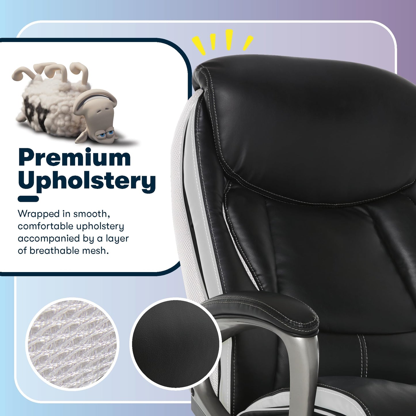 Serta® Lautner Executive Home Office Desk Chair, Ergonomic High-Back with Adjustable Lumbar and Body Pillows, SmartLayers™ and ComfortCoils® Technology, Mesh and Bonded Leather, Black and White