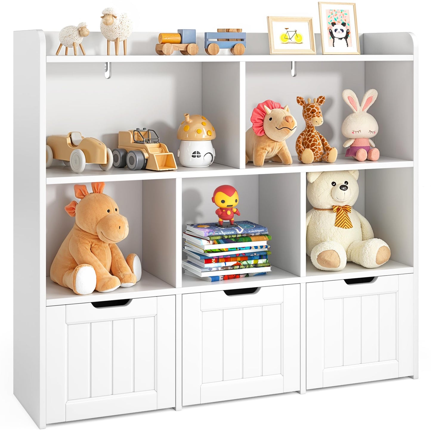 Gizoon Toy Storage Organizer with 3 Movable Drawers and 6 Open Shelves Kids Bookshelf Featuring Fall Prevention Barrier for Playroom Nursery Kids Room Organization, White, Painted