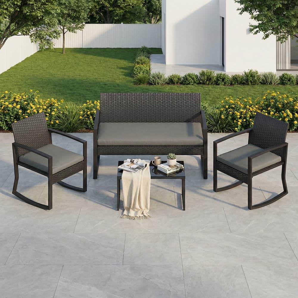 Garvee 4 Piece Patio Furniture Set, PE Rattan Outdoor Rocking Chair Conversation Set with Coffee Table, Outdoor Wicker Patio Table and Chairs Set for Patio, Porch, Backyard, Grey