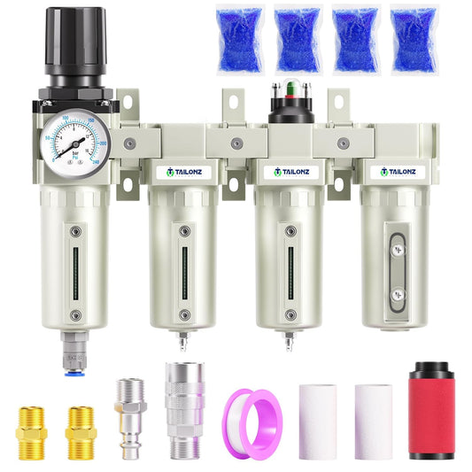 TAILONZ PNEUMATIC 1/2 Inch NPT 0-240PSI Industrial Grade 4 Stage Air Drying System, Double Particulate Filter, Coalescing Filter (Automatic Drainage)