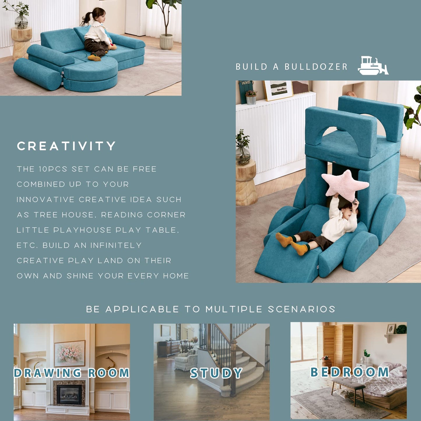 jela Couch 14PCS Luxury, Floor Sofa Modular Furniture for Adults,Kids. Playhouse Play Set for Toddlers Babies, Modular Foam Play Couch, Modular Sectional Sofa (Teal, 57"x28"x18")