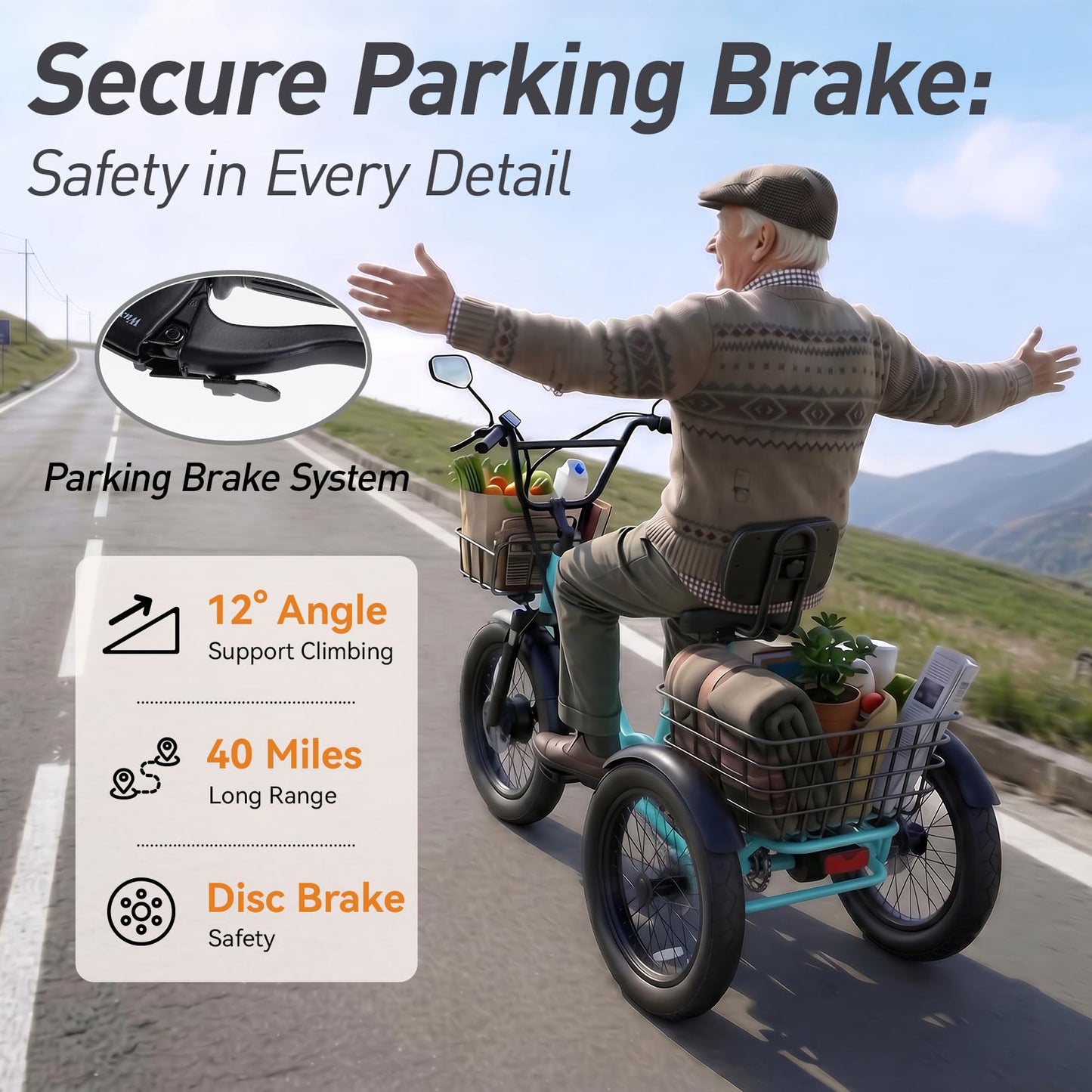 Vivi Electric Tricycle for Adults, Folding Fat Tire 3 Wheel E-Trike, 350W Motor, UL2849 48V 10.4Ah Removable Battery, Step-Thru Frame with Parking Brake, Differential and Front & Rear Baskets
