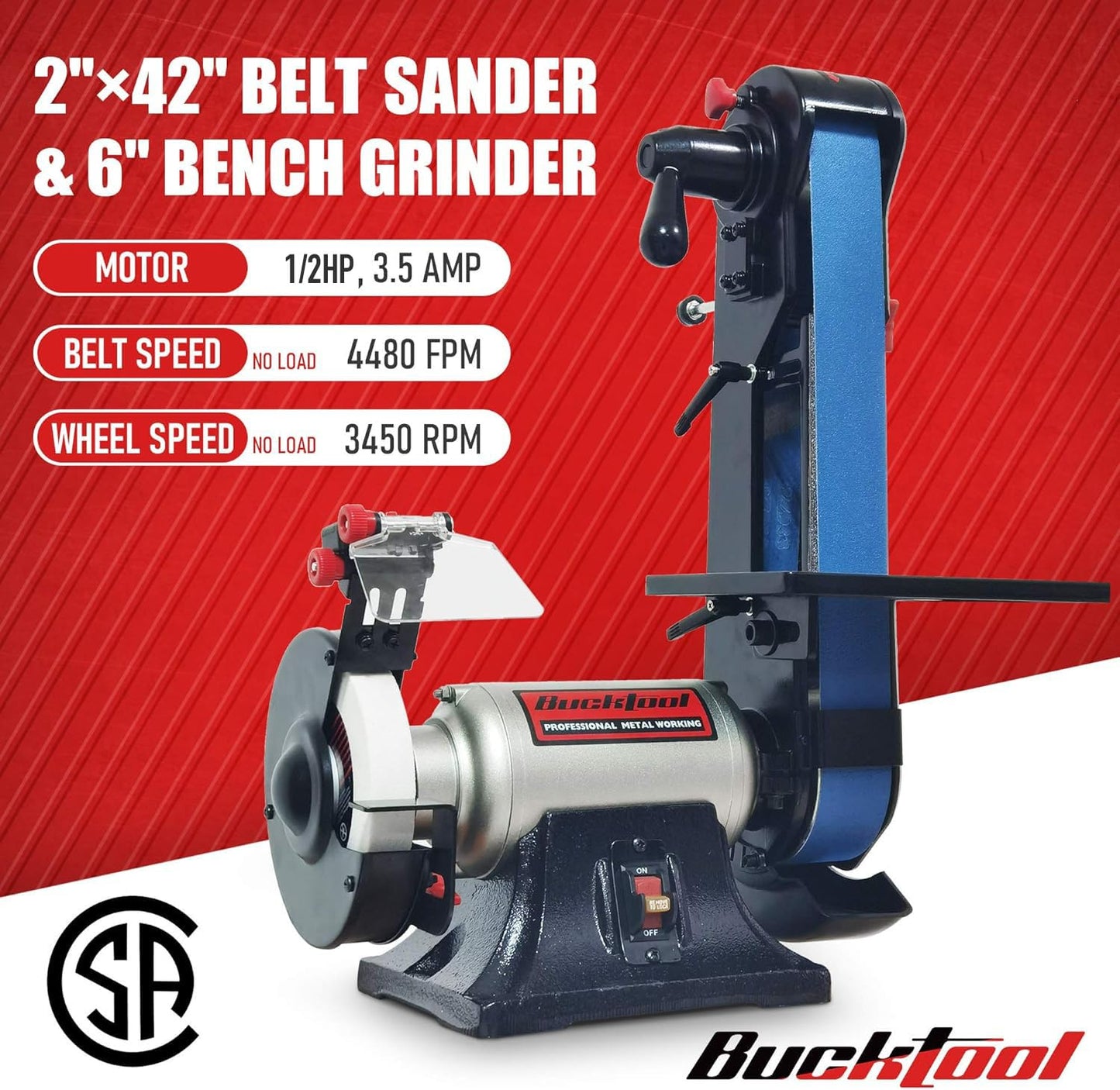 Bucktool 2 x 42 Belt Sander and 6 Inch Bench Grinder Combo, 1/2 HP 3.5 Amp Knife Sharpener for Knife Making, Metalworking, Woodworking, Benchtop Belt Grinder with Large Work Table