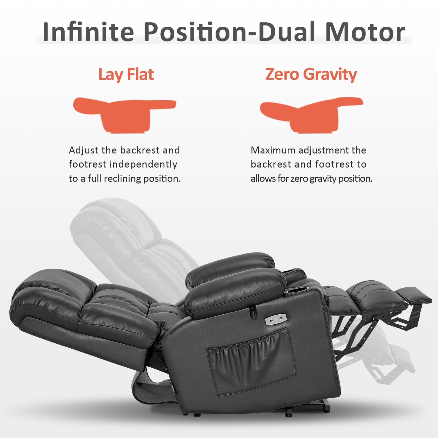 MCombo Dual Motor Power Lift Recliner Chair for Elderly, Lay Flat Lift Chair with Heat and Massage, Cup Holders, USB Ports, Faux Leather 7890 (Grey, Medium)