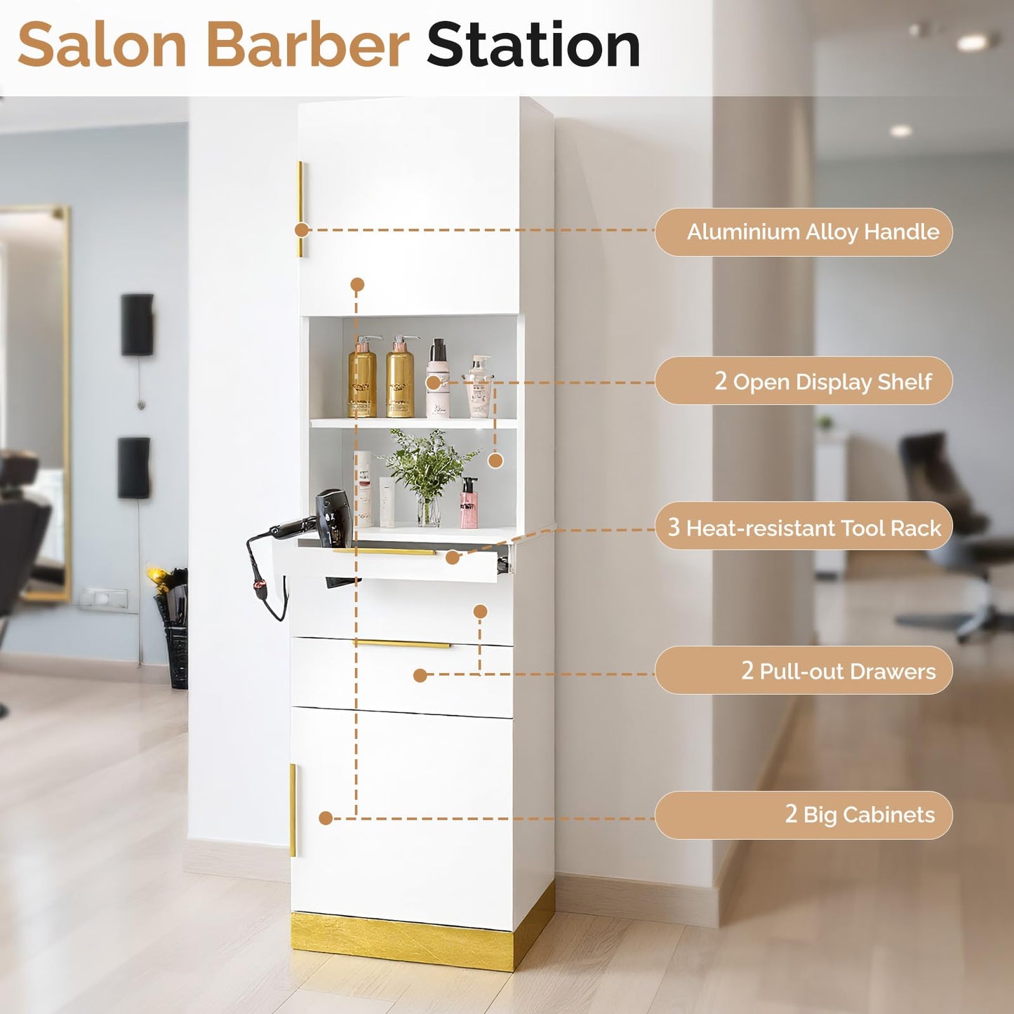 OmySalon Salon Stations for Hair Stylist, Barber Station with Storage Cabinet & Drawers & Hair Dryer Holders, Modern Beauty Salon Spa Equipment for Barbershop, White Gold