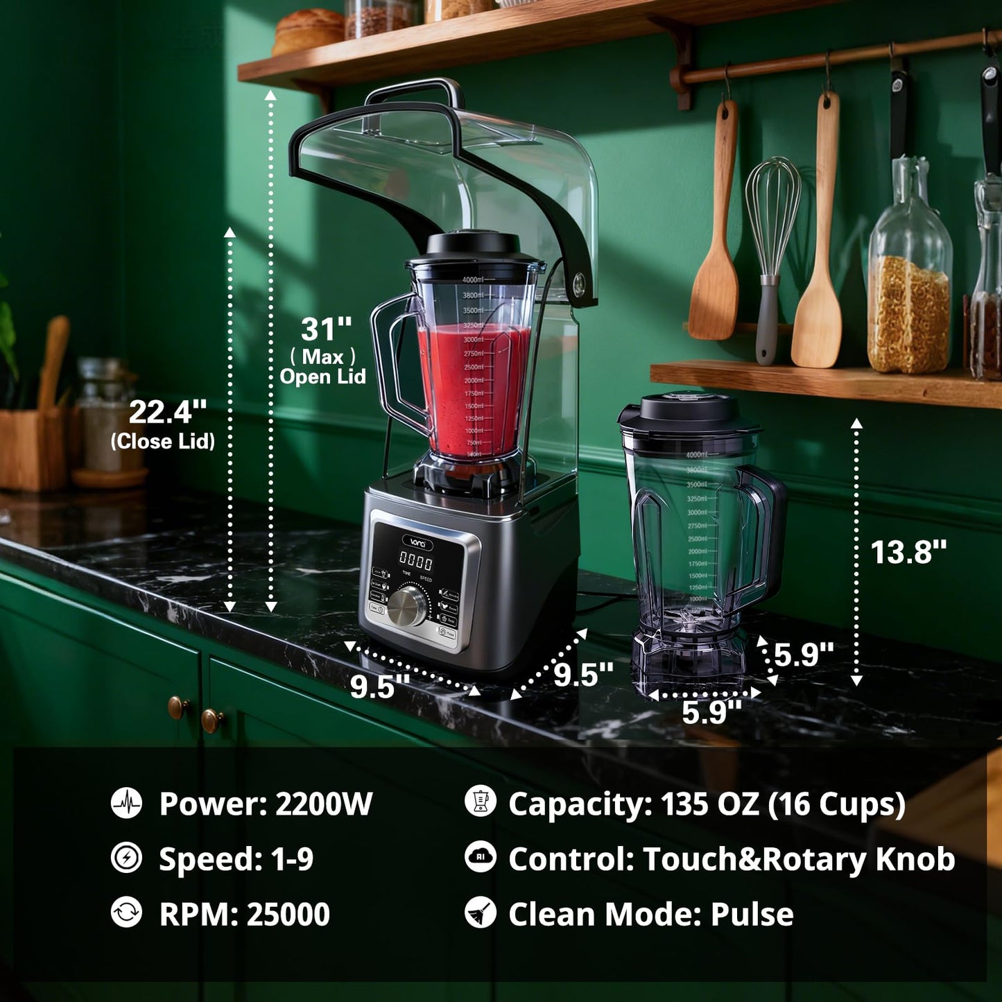 VONCI 2200W Commercial Blender With Sound Enclosure, 135OZ Large Capacity Quiet Blender For Smoothies, Heavy Duty Industrial Blenders For Restaurant, Perfect For Kitchen, Ice Crush, Milk Shake, Fruits