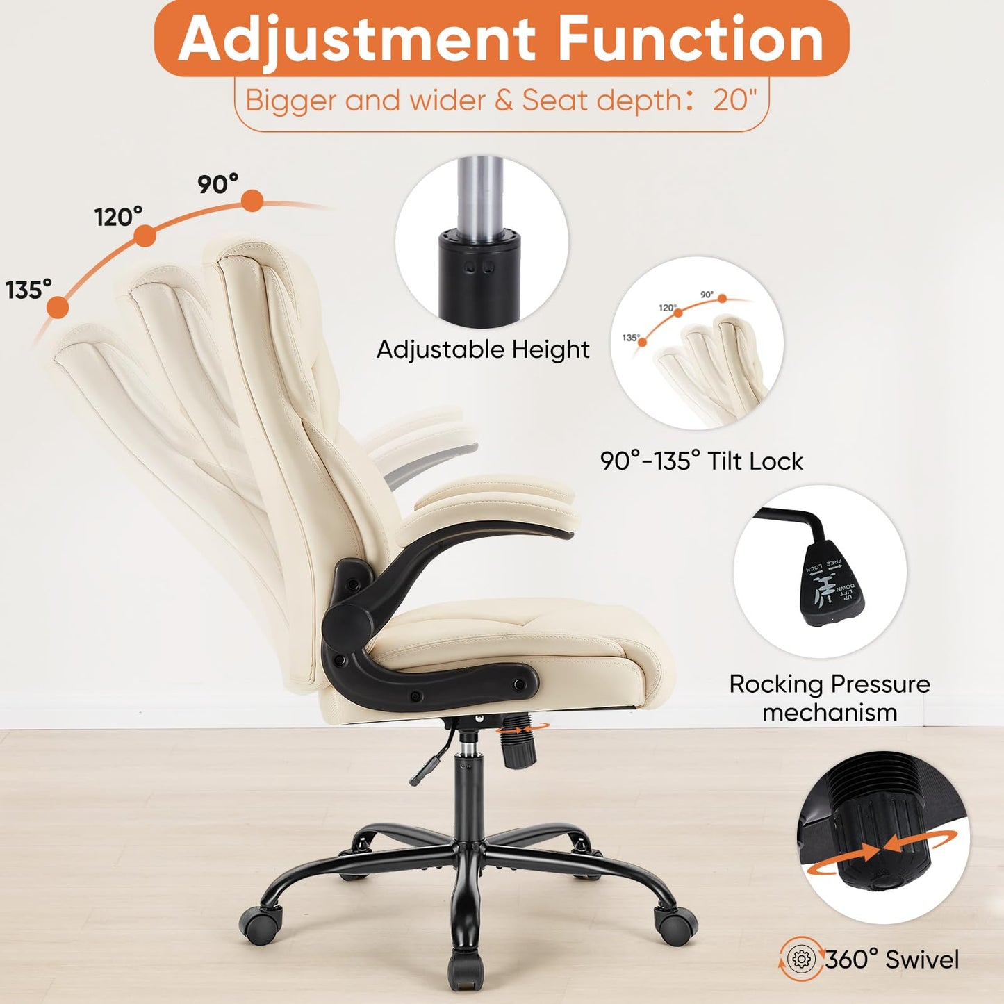 Sweetcrispy Ergonomic Computer Gaming Office Chair Set of 2, Heavy Duty Task Desk Swivel Rolling Chairs with Wheels, Flip-up Arms, Adjustable Height, PU Leather,Cream White