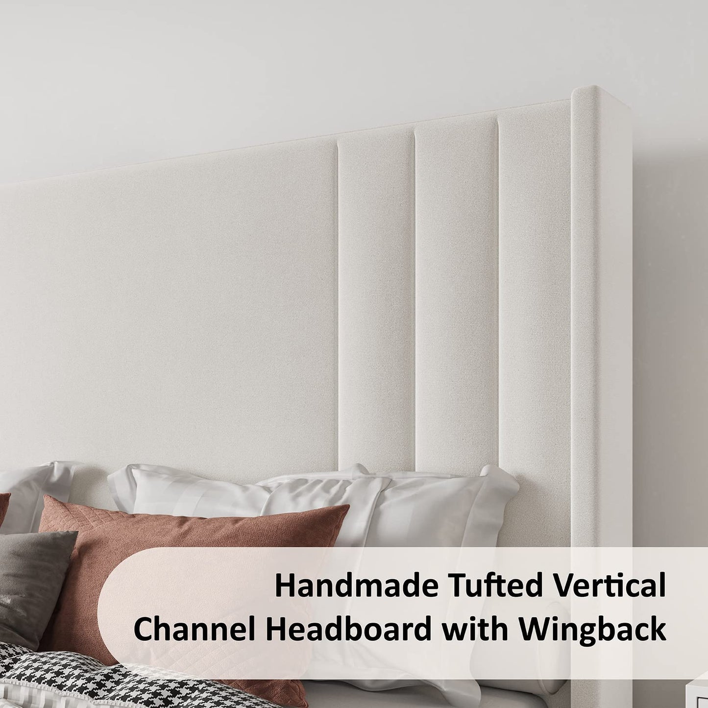 Albott Queen Size Platform Bed Frame, Upholstered Bed with Vertical Channel Tufted Wingback Headboard & Footboard, Premium Velvet, No Box Spring Needed, Cream
