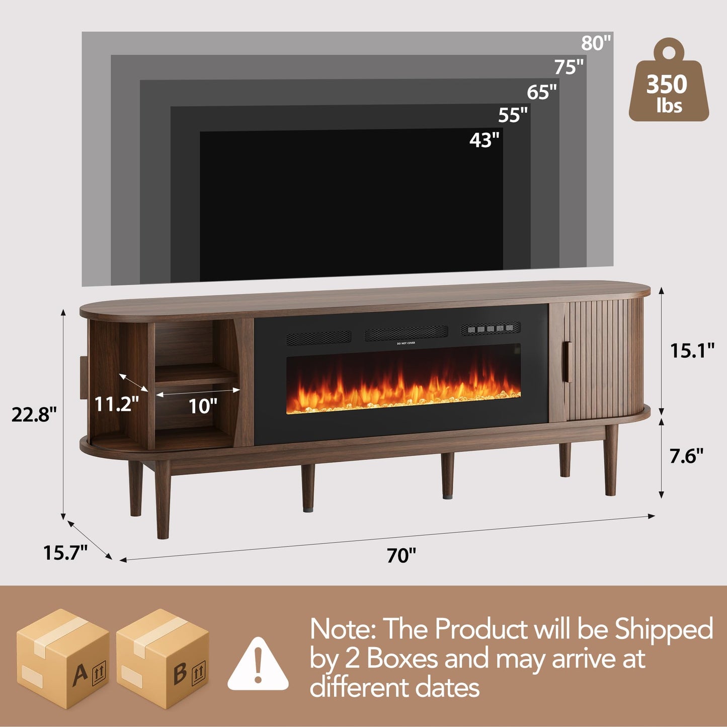 Decofy 70'' Fluted Fireplace TV Stand for 80'' TVs, Entertainment Center with Adjustable Shelves, TV Stand with 36" Electric Fireplace for Living Room, Walnut