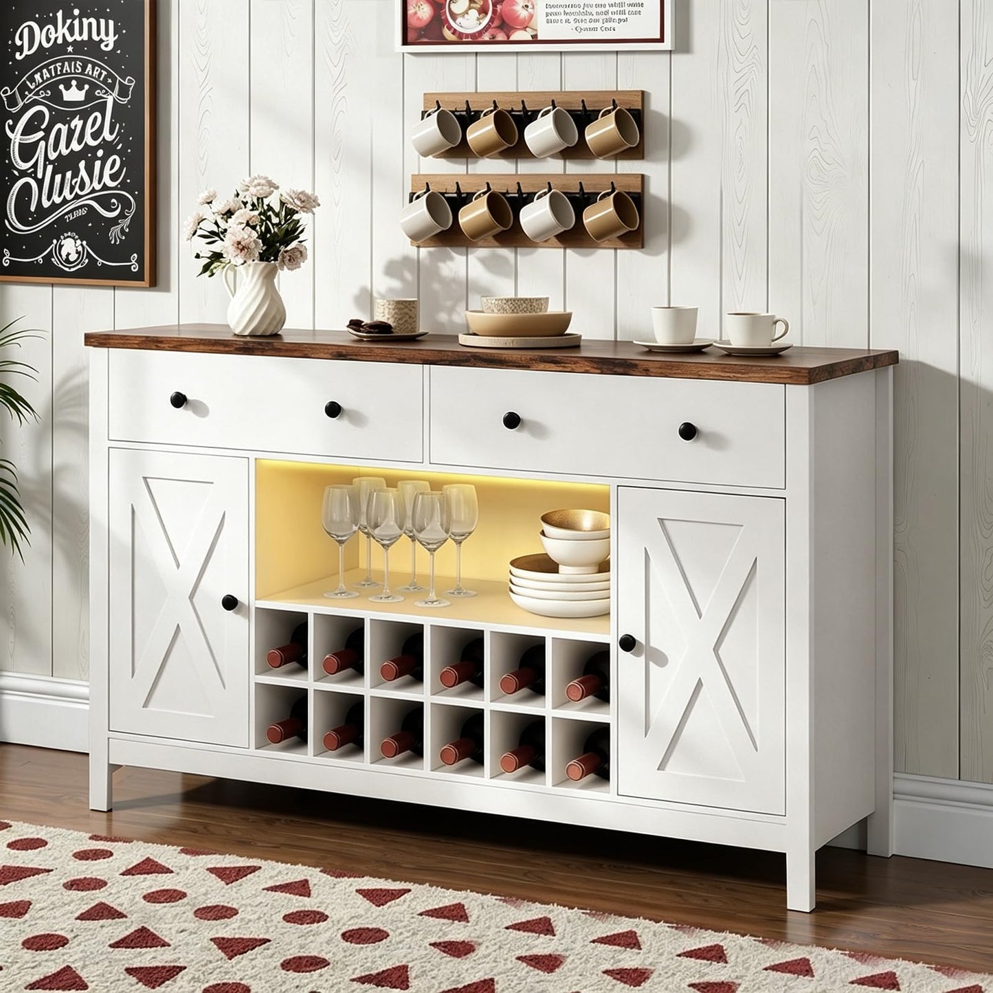 COMHOMA Coffee Bar Cabinet with LED Lights, 55.1 inch Wine Bar Cabinet with Charging Station, Sideboard Buffet Cabinet with Storage for Home Living Room (White)