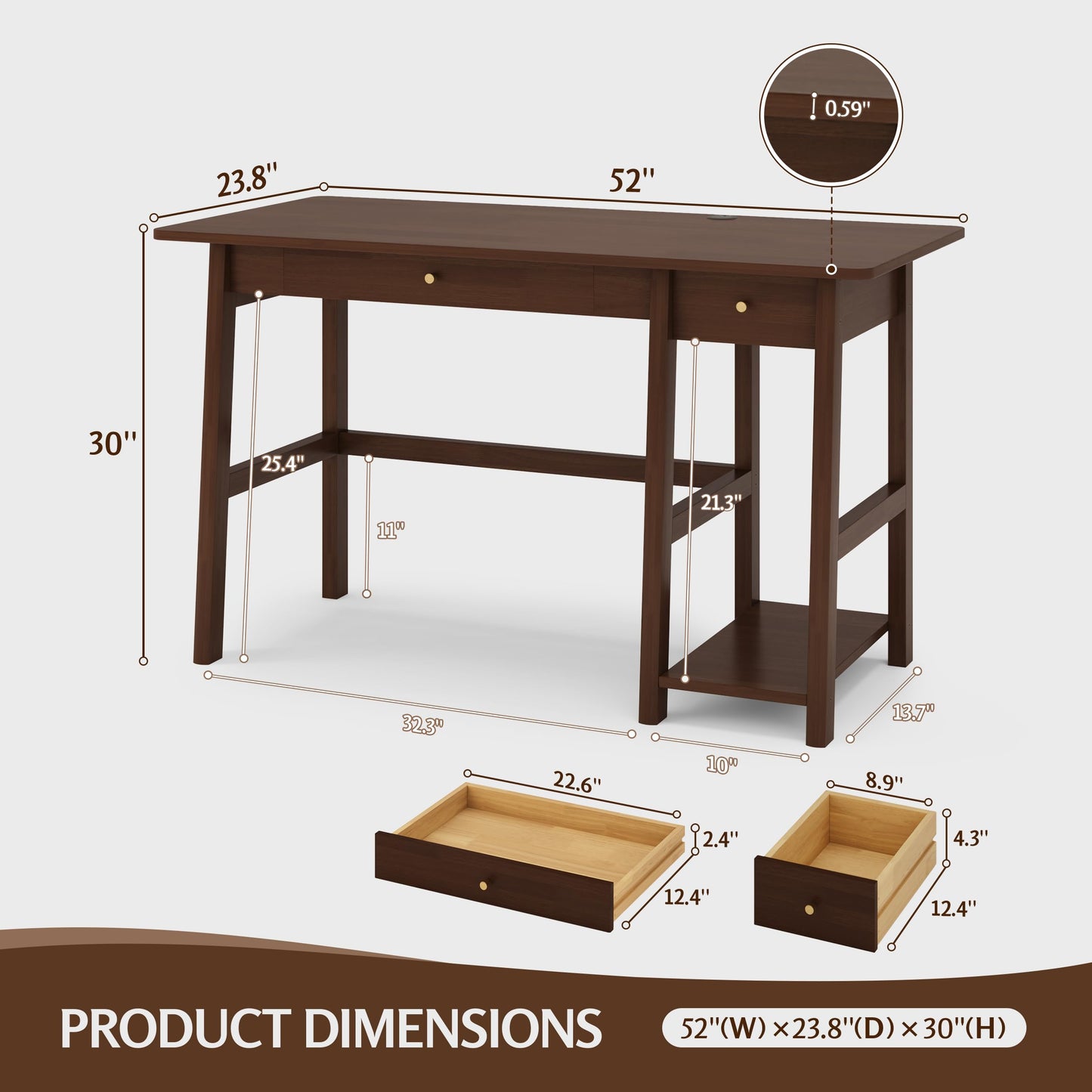 NELYE Solid Wood Desk with Drawer - 52 Inch Modern Writing and Computing Workstation for Home Office in Walnut