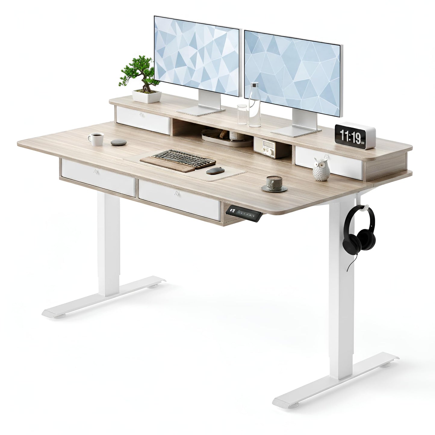 CubiCubi 55" x 30" Standing Desk with Drawers, Height Adjustable Electric Workstation, Computer Sit Stand Up Table with Large Storage Shelf 4 Drawers and 2 Hooks, Light Rustic Brown