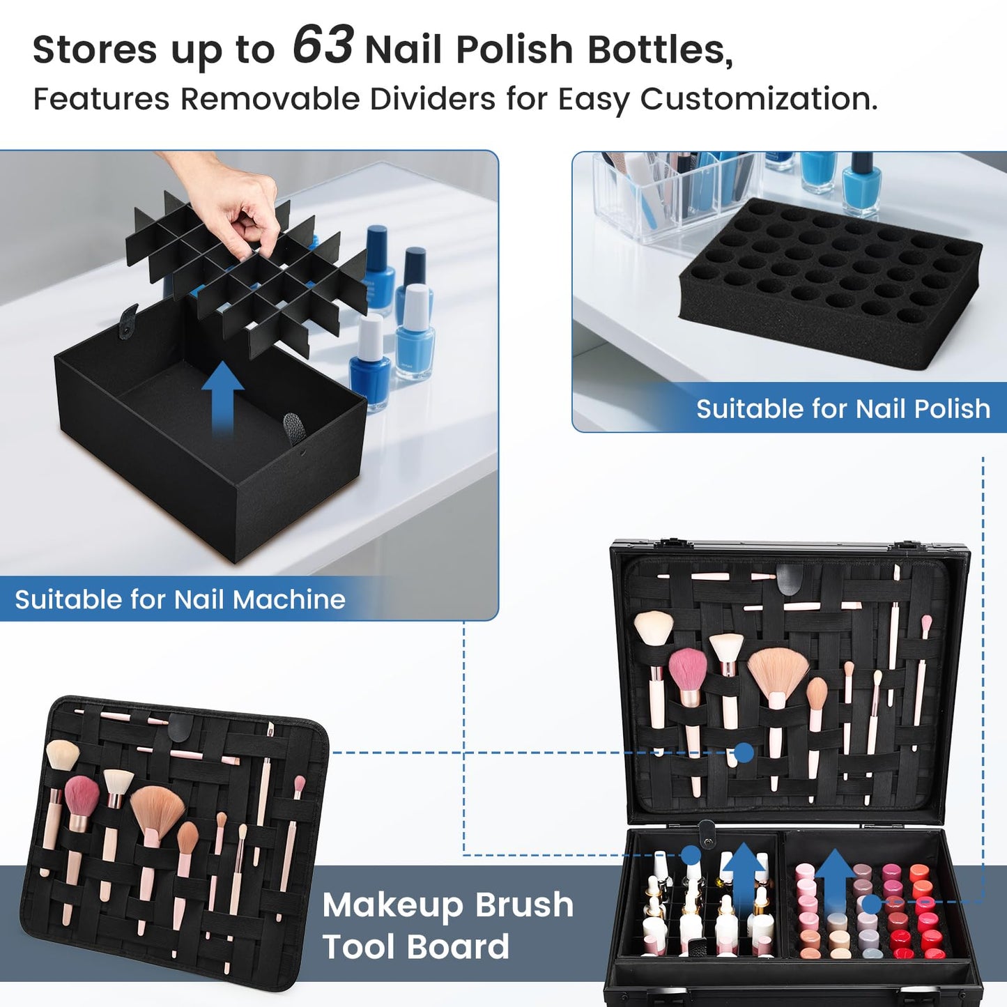 Joligrace Rolling Manicure Table with Pedicure Chair 4 Drawers Rolling Makeup Case Foldable Nail Desk Cosmetology Case on Wheels Brush Pouch Mirror Nail Kits Technician Workstation Artist Trolley