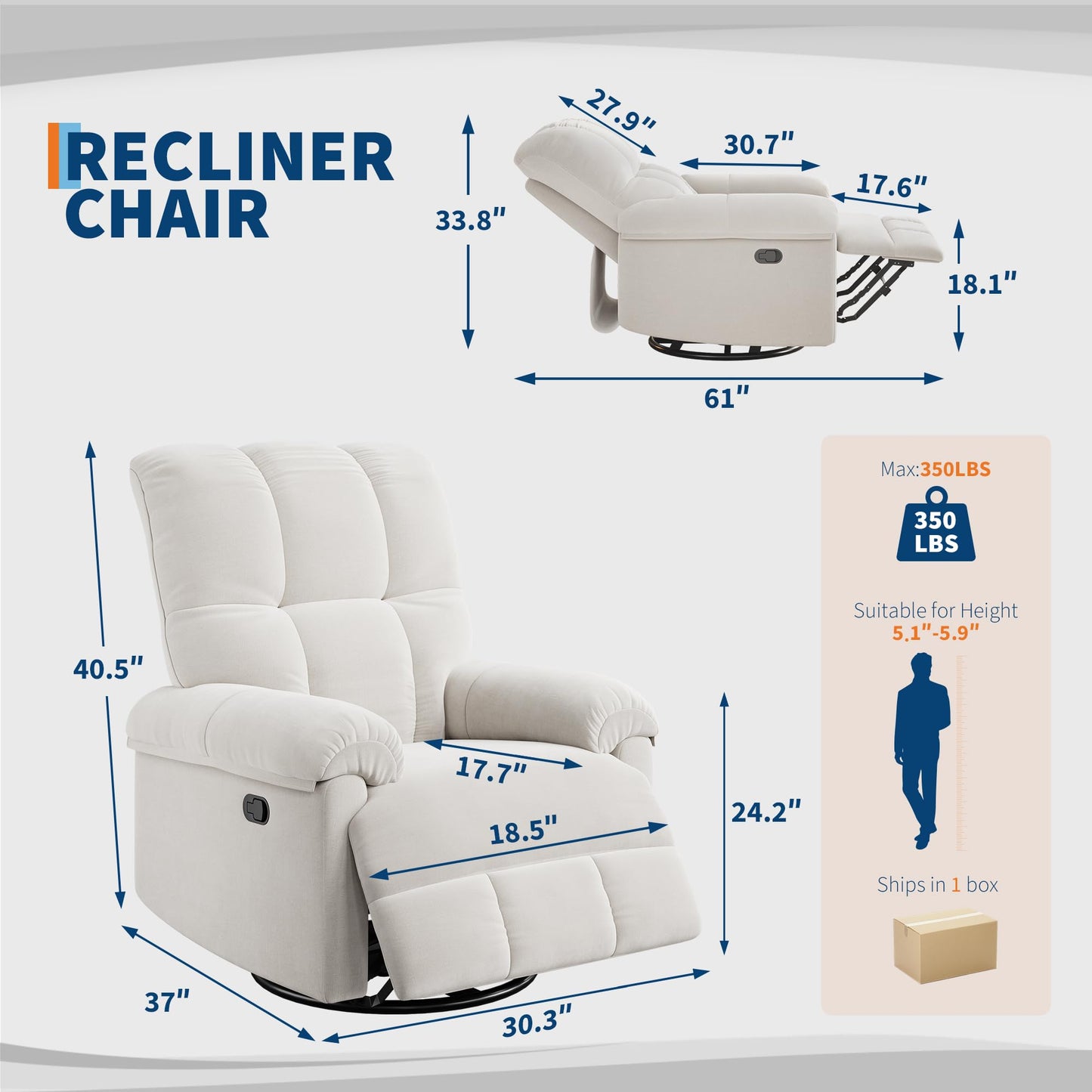 IDEALHOUSE Swivel Rocking Nursery Recliner Chair Rocker Recliner Glider Deep Seat PU Leather Sofa Chair with high Backrest for Nursery, Living Room, Bedroom & Home Movie Theater (Beige)
