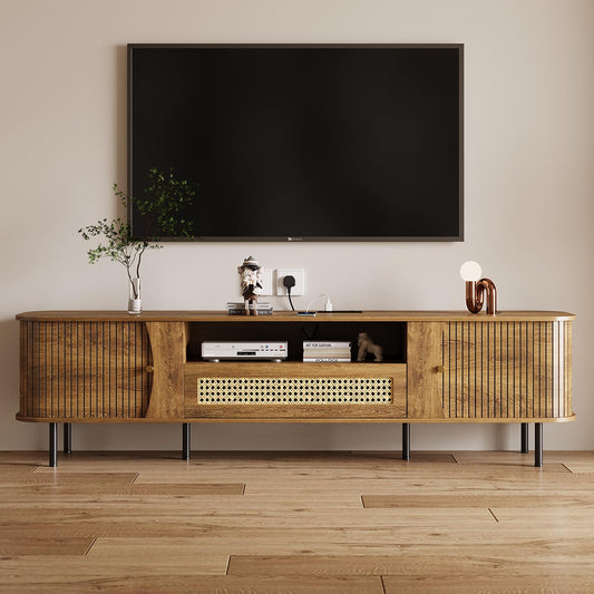 basenji Fully Assembled 71" Mid Century Modern TV Stand with Power Outlet and Sliding Doors, Rattan Entertainment Center with Storage, Wood Media Console,TV Consoles for Living Room,Walnut