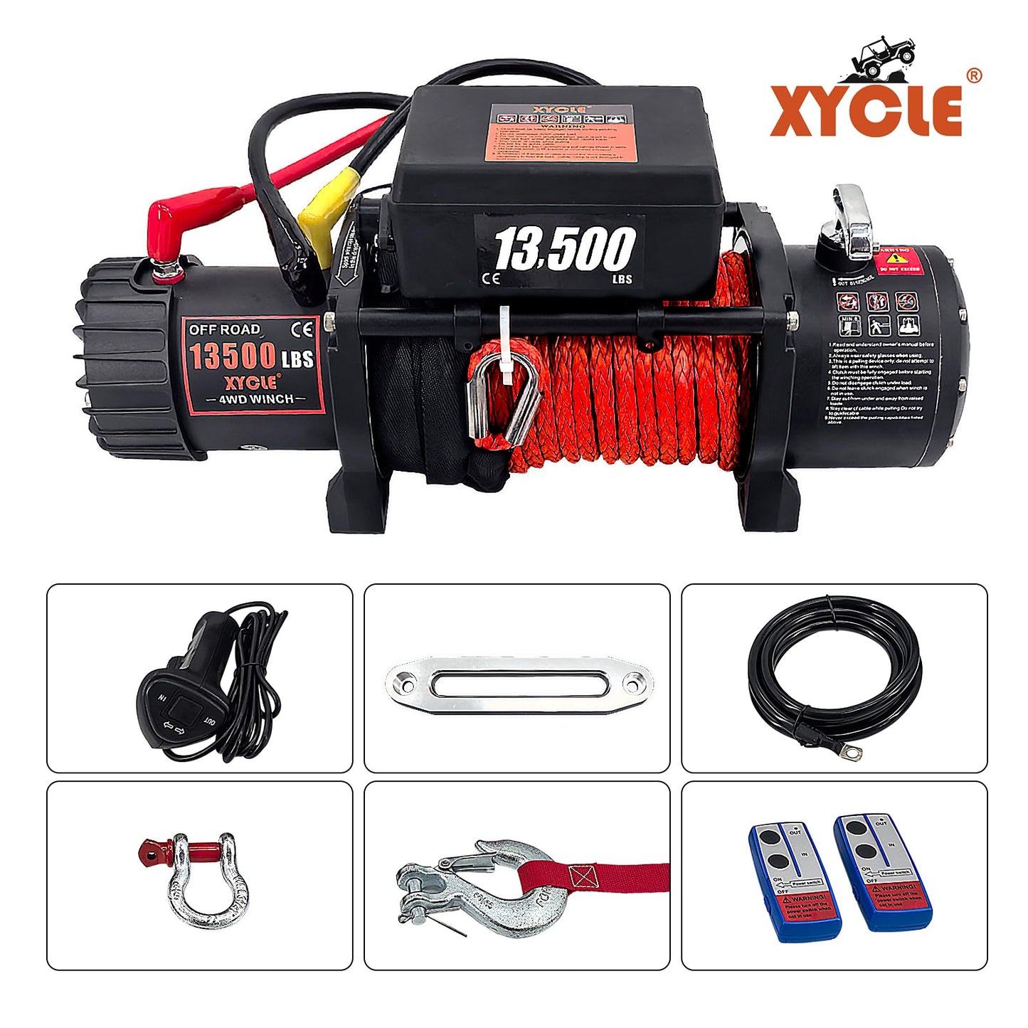 XYCLE Winch13500lbs 12V Waterproof Electric Winch Synthetic Rope Truck Winch Towing Winch Boat Trailer Winch SUV 4-Wheel Drive Off-Road Vehicle with Remote Control 3/8 Synthetic Rope (Red)