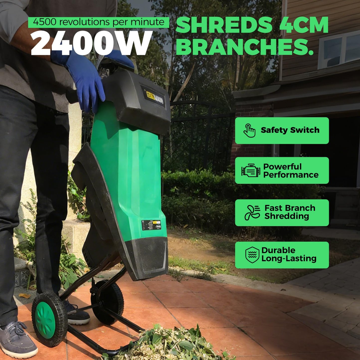 ZHDANB Wood Shredder, Mulching Machine, 40mm/1,57in Branch Chipper, 50L Collection Bag, Home Garden Shredder Electric, for Processing Branches, Sticks & Yard Waste Green