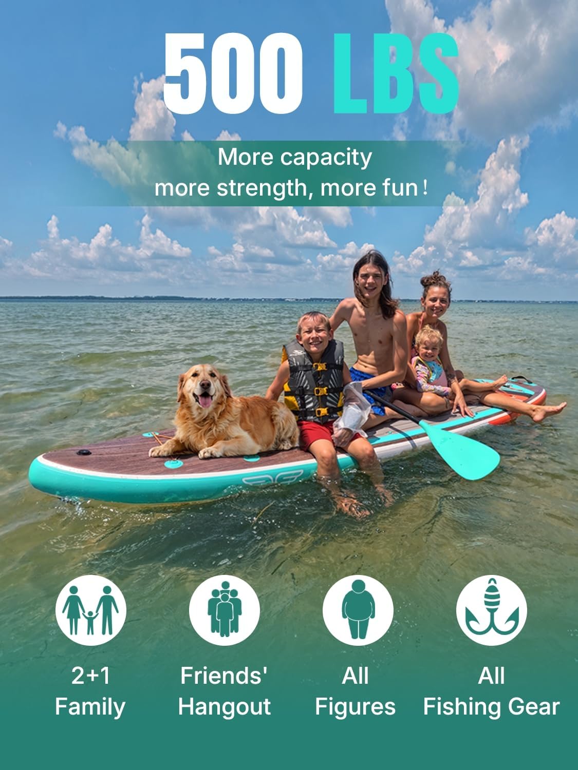 Niphean (Extra Large) Inflatable Paddle Board, SUP for 2+1 People/Family 500lbs Capacity Stand Up Paddle Board with SUP Accessories, StabilTrac Fin Non-Slip Paddleboard for Adults-Sky Blue