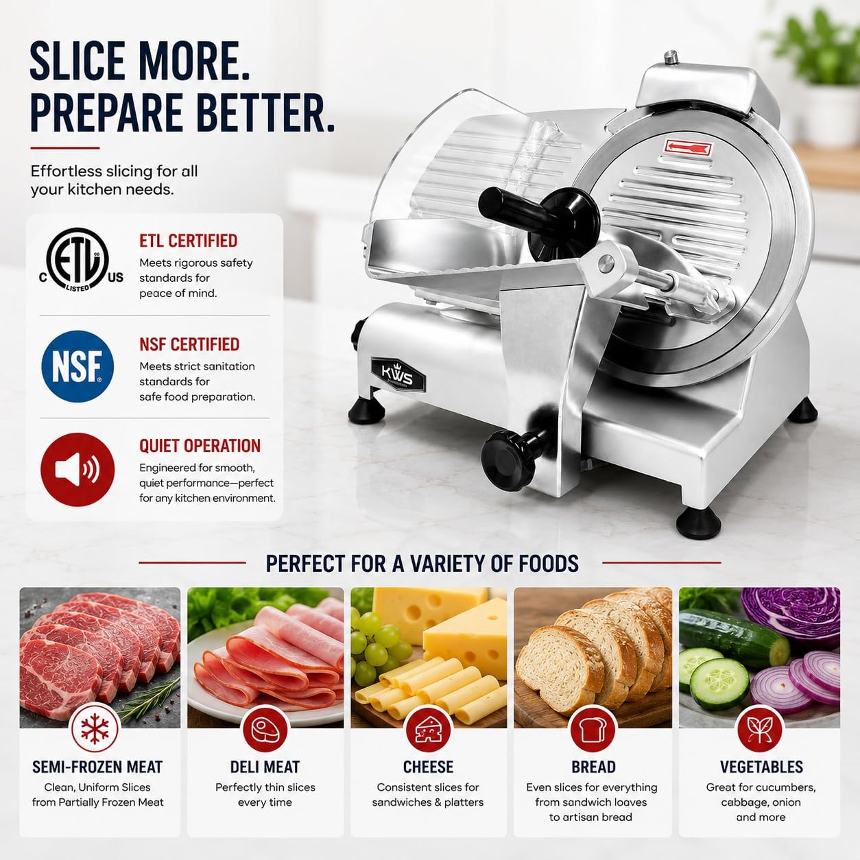 KWS 10NS Commercial 10" Electric Meat Slicer, 320W High-Torque Motor, Stainless Steel Blade, Deli-Style Thin Slicing, Built-In Sharpener, Heavy-Duty Aluminum Body for Meat, Cheese & Semi-Frozen Foods