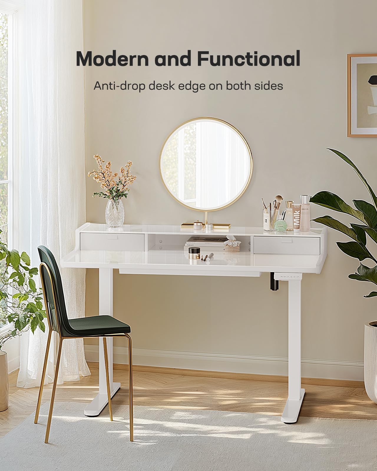 Marsail 48x24 inch Glass Standing Desk with Drawers, Computer Desk with Monitor Stand, Home Office Adjustable Table with Drawers, 4 Preset Heights, Stand up Table for Home, Office, White