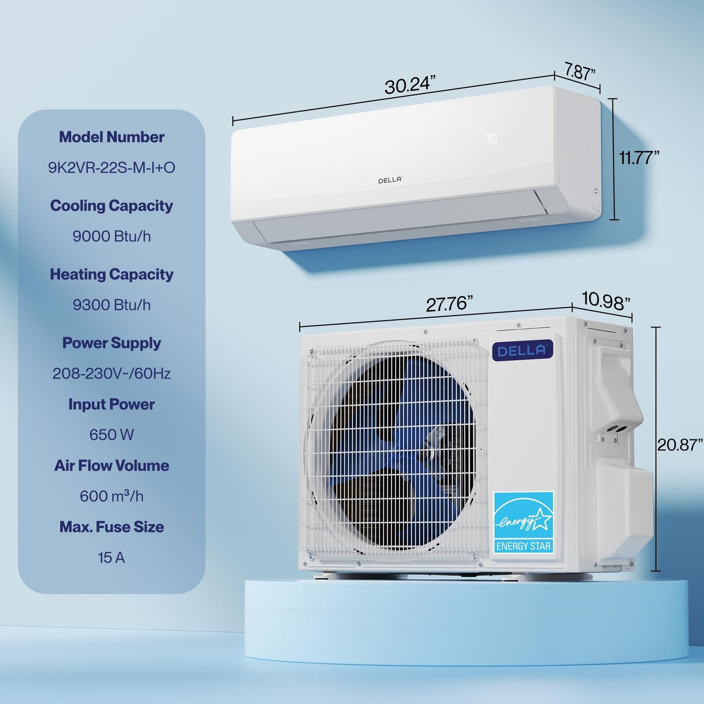 DELLA Serena Series 9000 BTU Mini Split AC, Energy Star 22 SEER2 230V, 0.75 Ton Inverter Heat Pump Ductless AC System for Rooms up to 400 Sq.Ft, WiFi & Alexa Control, Pre-Charged, 16.4ft Install Kit