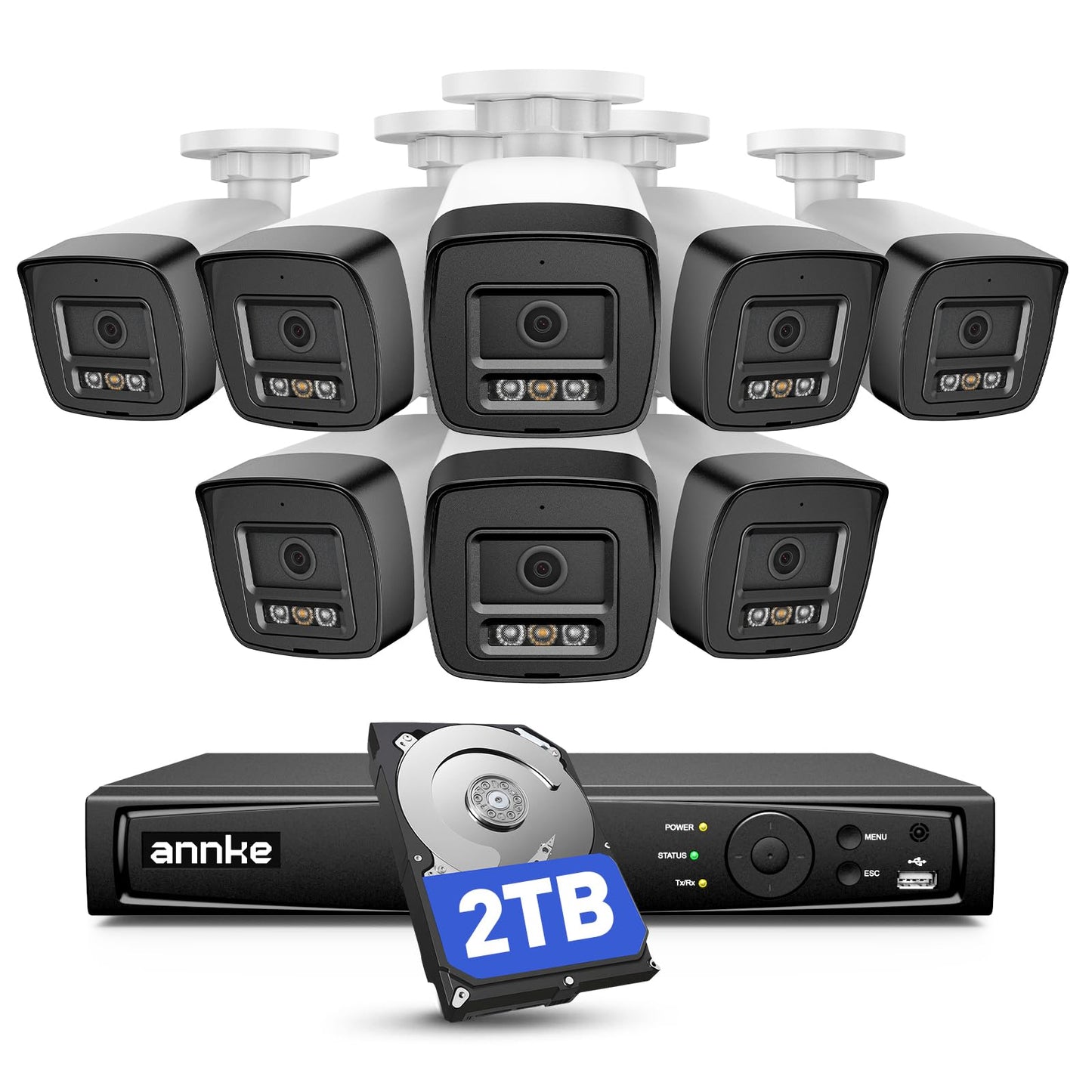 ANNKE 5MP Security Camera System Two-Way Audio, 16CH NVR with AI Motion Detection, 8x 3K IP PoE Wired Cams with Red & Blue Light & Audio Alarm, Compatible with Alexa for Business Surveillance, 2TB HDD