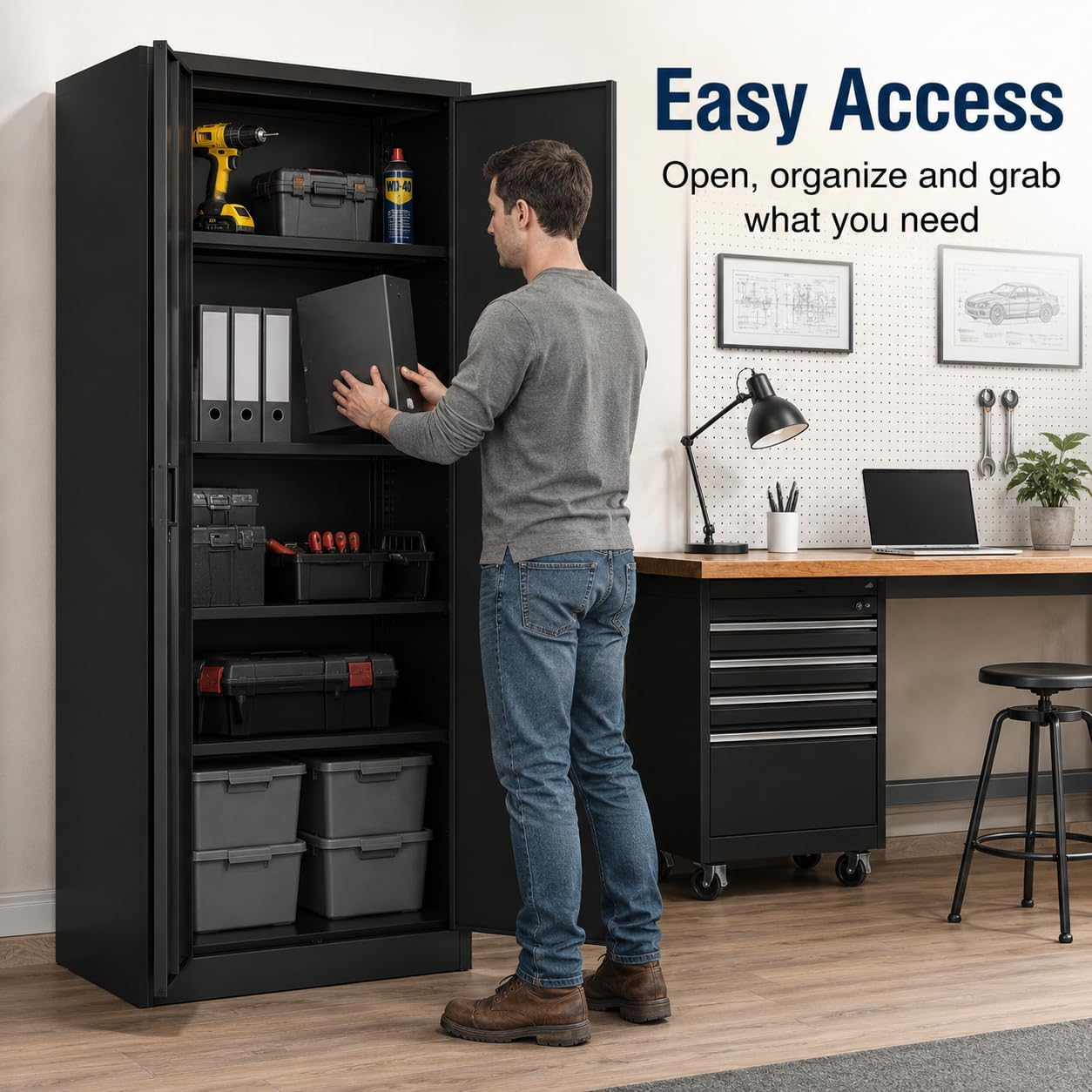 GarveeHome 71in Heavy-Duty Locking Steel Storage Cabinet, Double Doors, Four Adjustable Shelves, for Garage Pantry Office Workshop, Black
